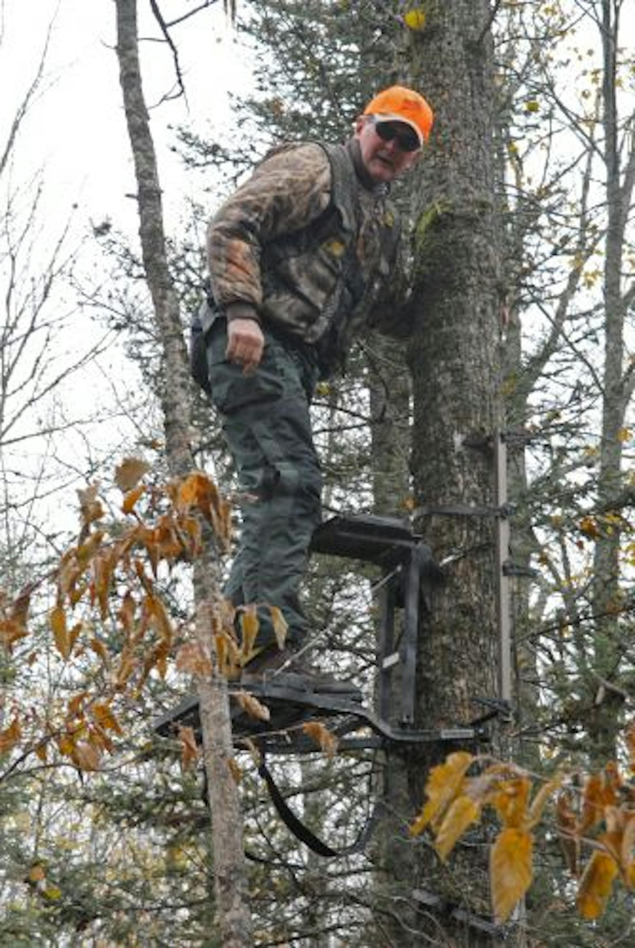 I'm in the stand and cautiously checking that it is properly placed and able to bear my weight. I do this while holding onto the tree. This first trip up a tree into a portable stand and the last one when I take the stand down are the most dangerous because during neither am I supported by a favorite piece of gear of mine called the Fall Guy. The Fall Guy is a 20-foot-long seat-belt-like tether I will place around the tree above my stand and attach to my vest.