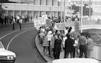 Anti-Vietnam War demonstrators protested in front of Century Plaza Hotel where then-Secretary of State Dean Rusk was speaking before the World Affairs