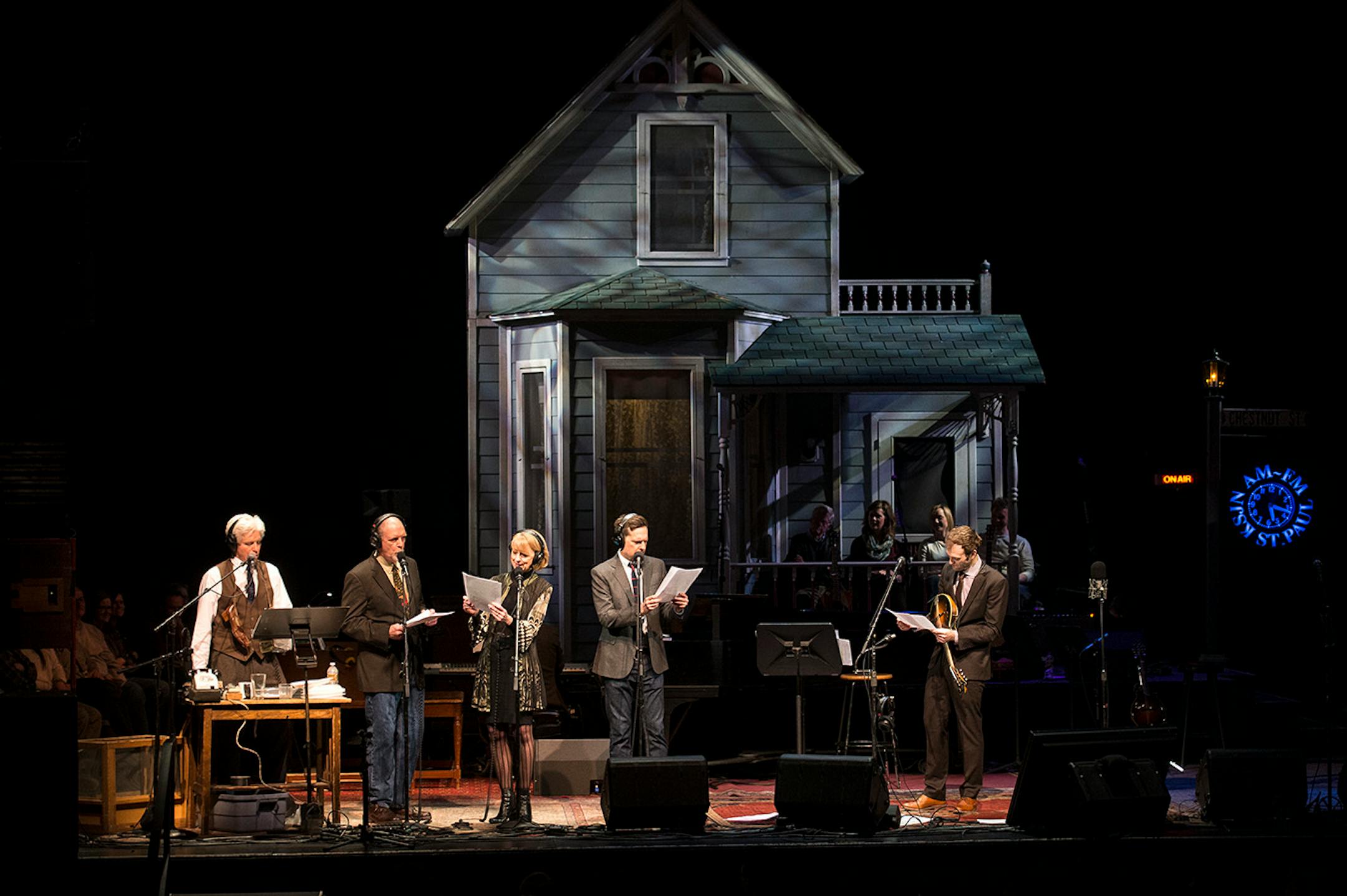 From left, sound effects man Fred Newman, actors Tim Russell, Sue Scott, Ed Helms and host Chris Thile performed in Saturday night's "A Prairie Home Companion" at the Fitzgerald Theater.