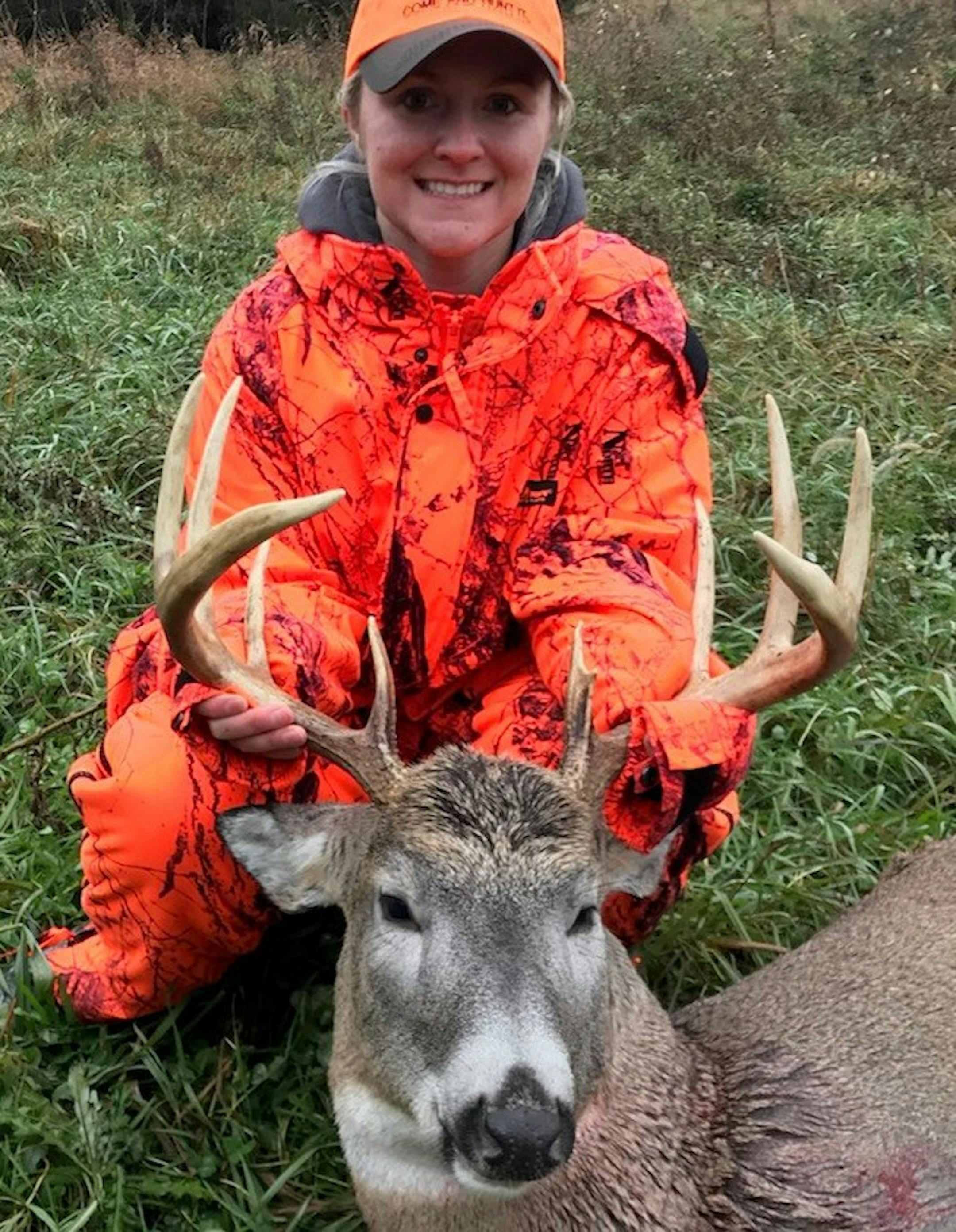 Brittany Pearson of Belle Plaine shot her first buck opening morning with a shotgun in Carver. Her husband Dave, who was hunting beside her, sounded a rattle that attracted this 10 point into Brittany’s range. (Submitted by Dave Pearson)