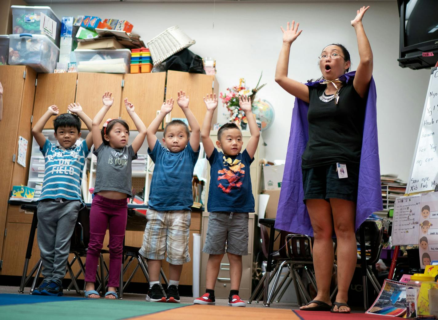 First grade teacher Moslais Xiong played a game of The King Says, similar to Simon Says, to help her class focus on listening, part of the responsive classroom program. ] GLEN STUBBE &#xef; glen.stubbe@startribune.com Friday, September 14, 2018 Forty-three school districts - Minneapolis and St. Paul among them - were pressured in recent months to sign onto plans to reduce racial disparities in suspensions and expulsions or risk being called out by the state Department of Human Rights for discrim