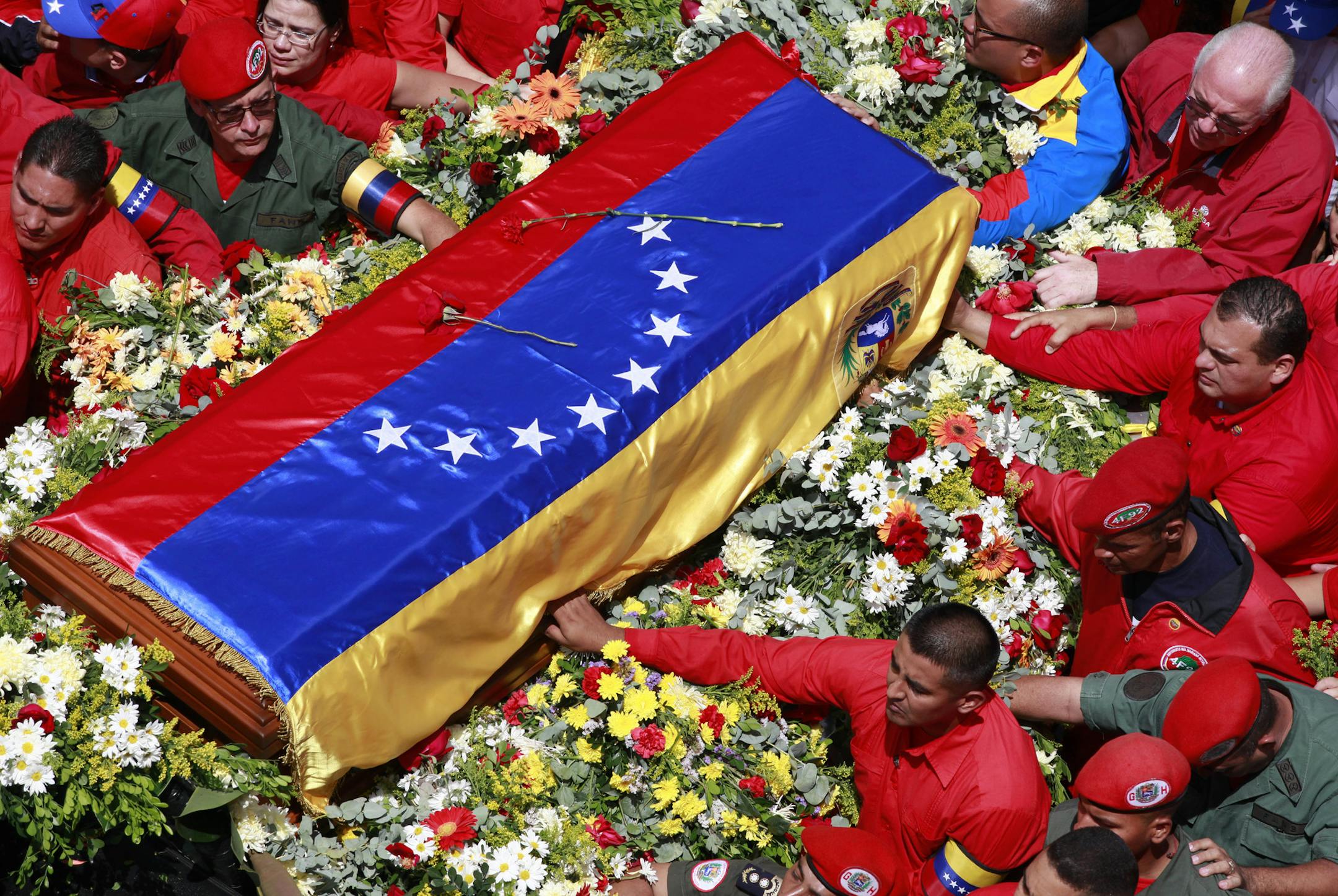The flag-draped coffin containing the body of Venezuela's late President Hugo Chavez.