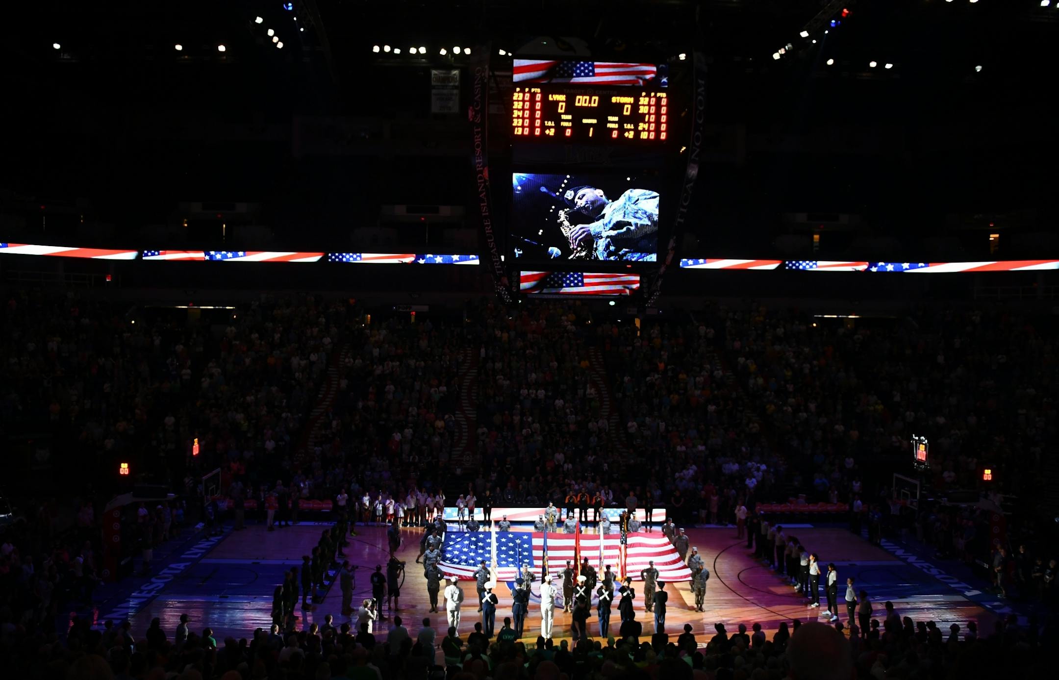 The Army and Air National Guard led Friday night's National Anthem ceremony before the Minnesota Lynx game against the Seattle Storm.