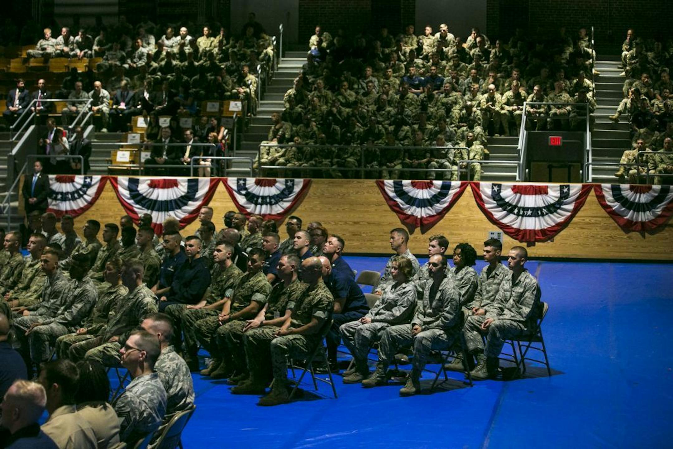 FILE -- Service members before President Donald Trump delivers an address to the nation at Fort Myer in Arlington, Va., Aug. 21, 2017. Trump�s declaration Monday that �we will win� in Afghanistan came with a promise to succeed where other presidents have failed in resolving the nearly 16-year-old conflict, but he didn't say what winning in Afghanistan would look like.