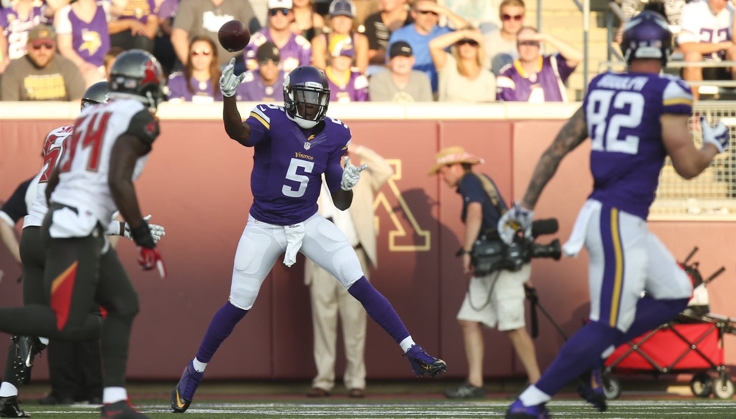 Vikings Vikings quarterback Teddy Bridgewater threw to tight end Kyle Rudolph for an 18 yard gain on the Vikings first play of the game at TCF Bank Stadium Saturday night. ] JEFF WHEELER &#xef; jeff.wheeler@startribune.com The Minnesota Vikings played their first home preseason game against the Tampa Bay Buccaneers Saturday night at TCF Bank Stadium in Minneapolis.