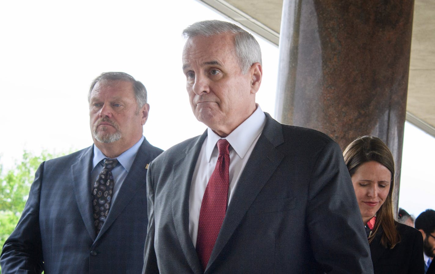 Governor Dayton headed back to his office with Majority Leader Tom Bakk and Assistant Majority Leader Katie Sieben after speaking to the press. ] GLEN STUBBE * gstubbe@startribune.com Wednesday, June 15, 2016, Governor Dayton and legislative leaders meet to try to make a deal.