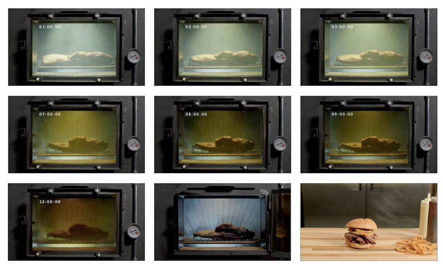 The 13-hour commercial follows the progress of Arby's brisket cooking process. This composite images shows the process, starting top left and ending, bottom right, with the finished product.