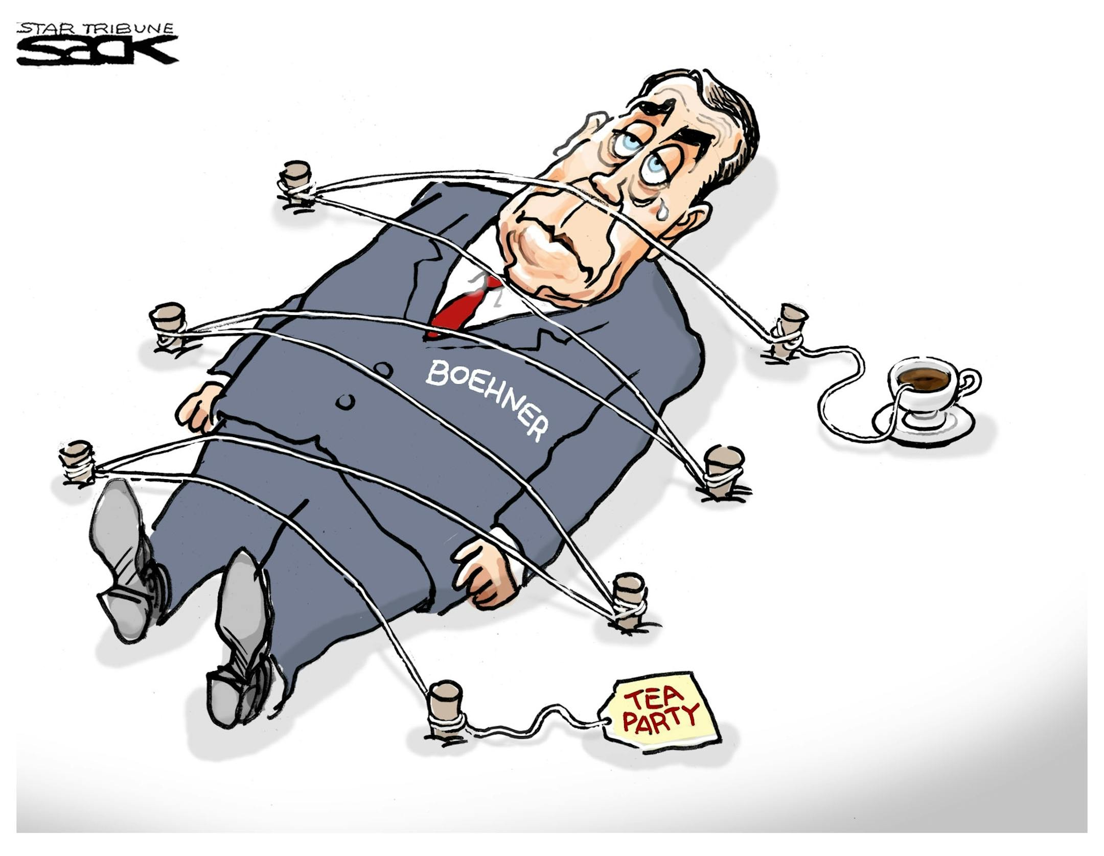 Steve Sack editorial cartoon for July 28. Subject: Debt ceiling debate in Congress. Featured: Speaker of the House John Boehner being held captive by the Tea Party.