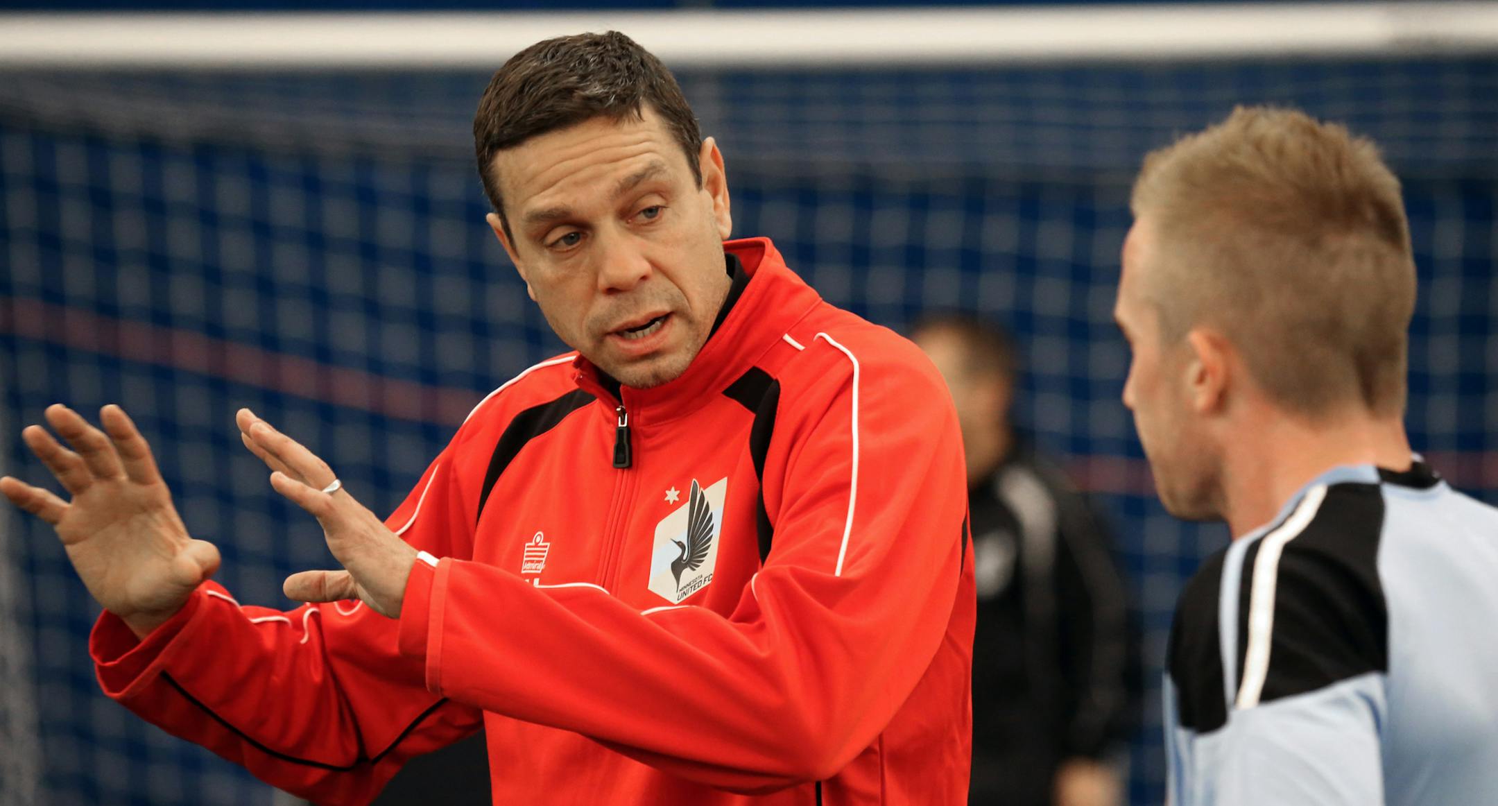(left to right) Minnesota United FC's Manny Lagos talked with Jamie Watson during scrimmage at the Savage Sports Dome on 3/28/14.] Bruce Bisping/Star Tribune bbisping@startribune.com Manny Lagos, Jamie Watson/roster.