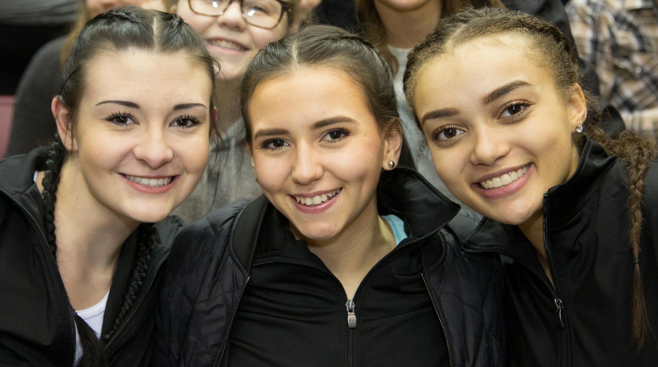 Emma Willey, Faith Petersen, Monisha Terry (front row) are joined by Grace Hanson and Tori Berg (back row) and the Valley City (ND) Hi-Lites Dance Team take in the Best of the Best while in Minneapolis.[ Special to Star Tribune, photo by Matt Blewett, Matte B Photography, matt@mattebphoto.com, January 6, 2017, University of Minnesota Dance Team's Best of the Best Showcase, William's Arena, University of Minnesota Campus, Minneapolis, Minnesota, SAXO 1002854050 FACE011517