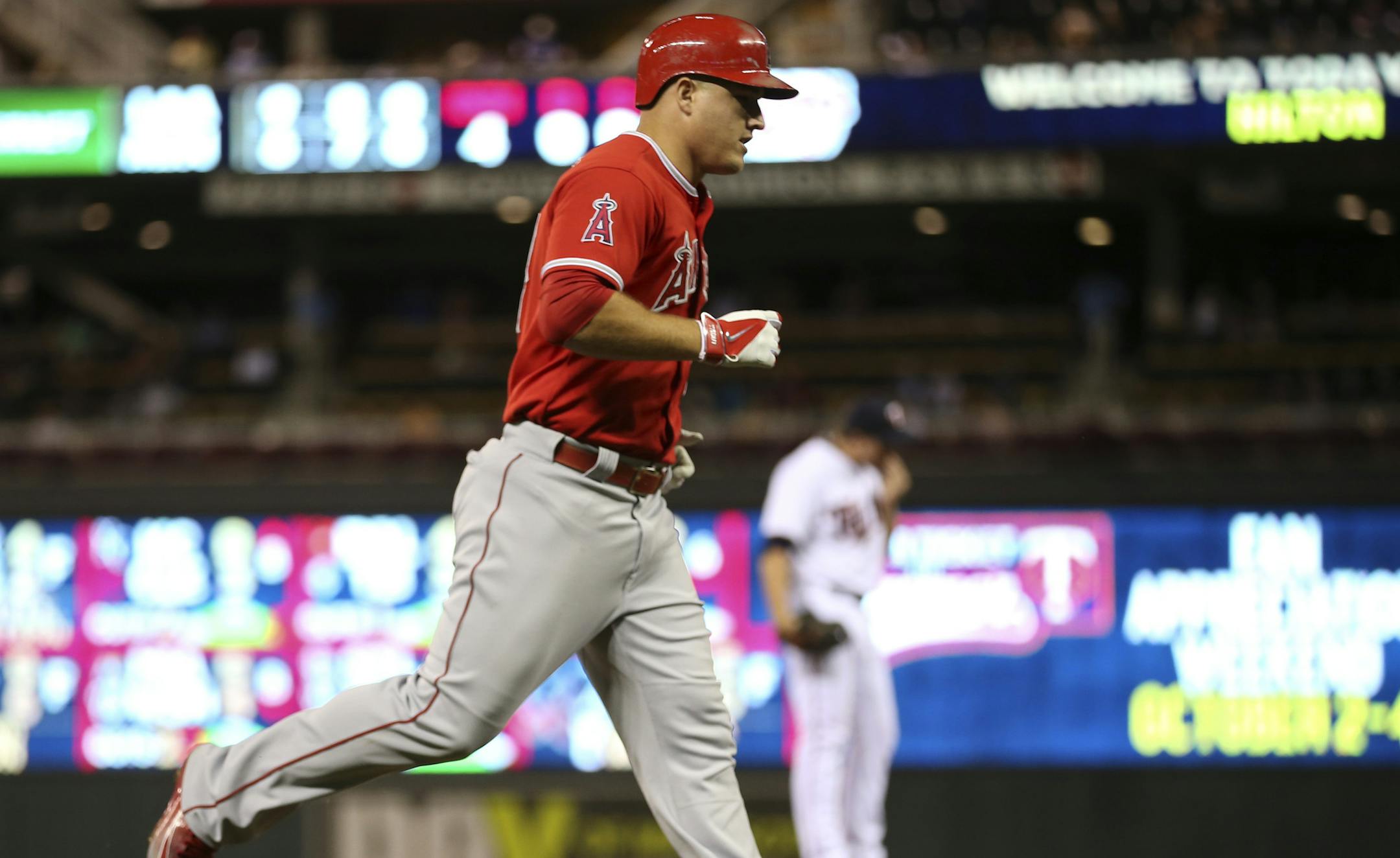 Los Angeles Angels center fielder Mike Trout trotted home after his second homer of the game, a solo shot in the fourth inning off Twins relief pitcher Ryan O’Rourke.