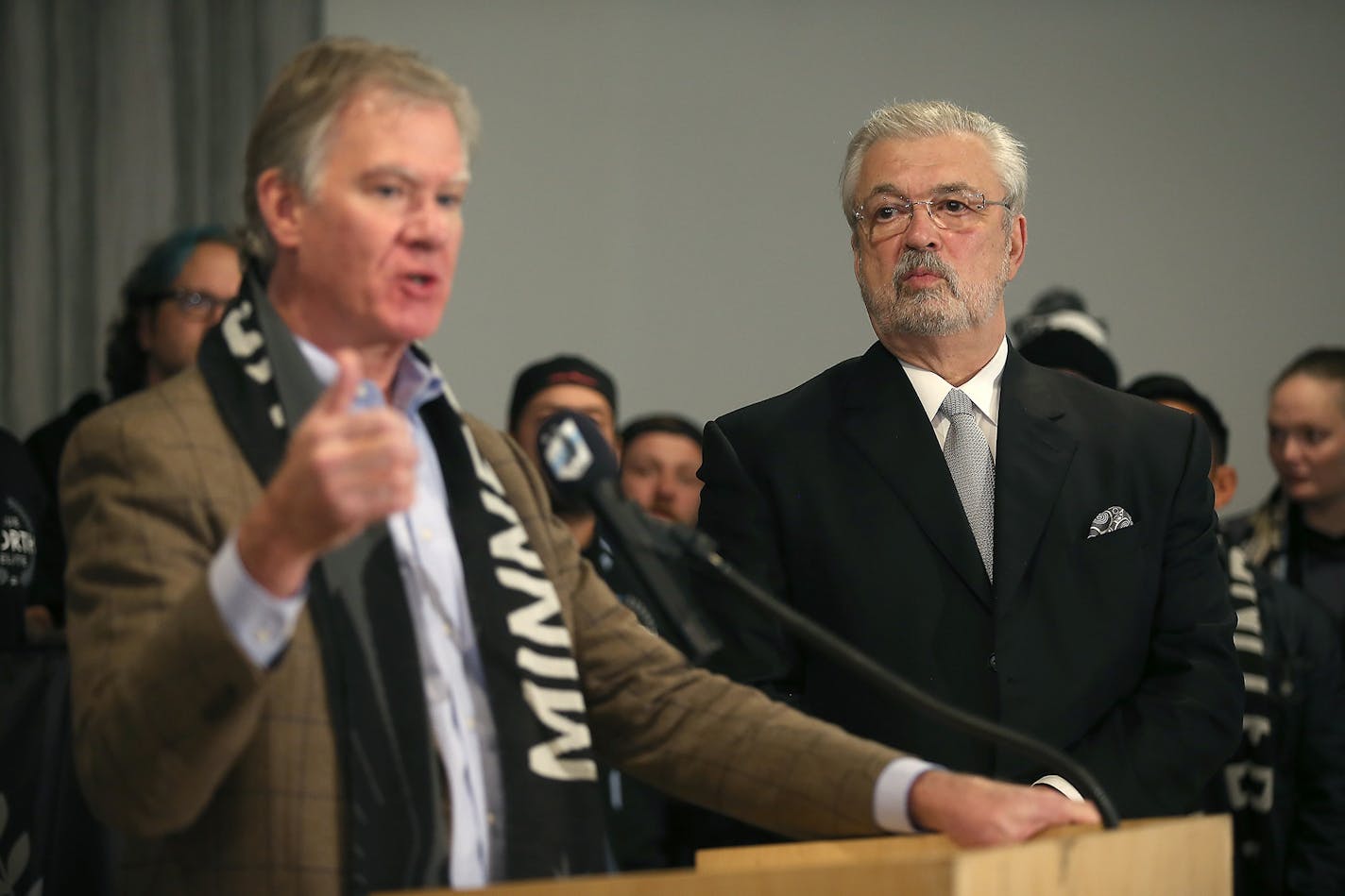 Bill McGuire, owner of the Minnesota United Football Club, looked on as St. Paul Mayor Chris Coleman talked about the new MLS team that will play in a new stadium to be built near University and Snelling.