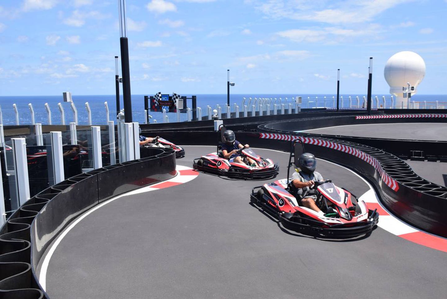 Go-karts zip around the two-level Race Track aboard the Norwegian Bliss. The karts can travel up to 30 mph and are available to ride for $7 per passenger.
(Chabeli Herrera/Miami Herald/TNS)