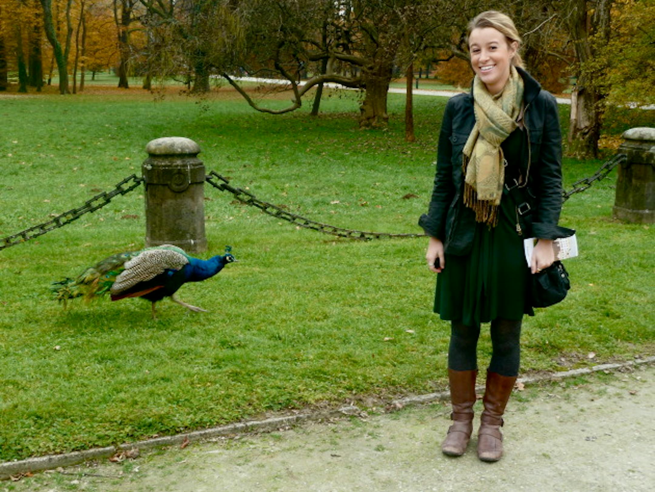 Excited...slash scared of the peacocks...