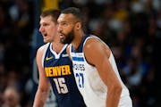 Timberwolves center Rudy Gobert (27) will have his hands full defending against the Nuggets' two-time NBA MVP, center Nikola Jokic (15), but he'll get