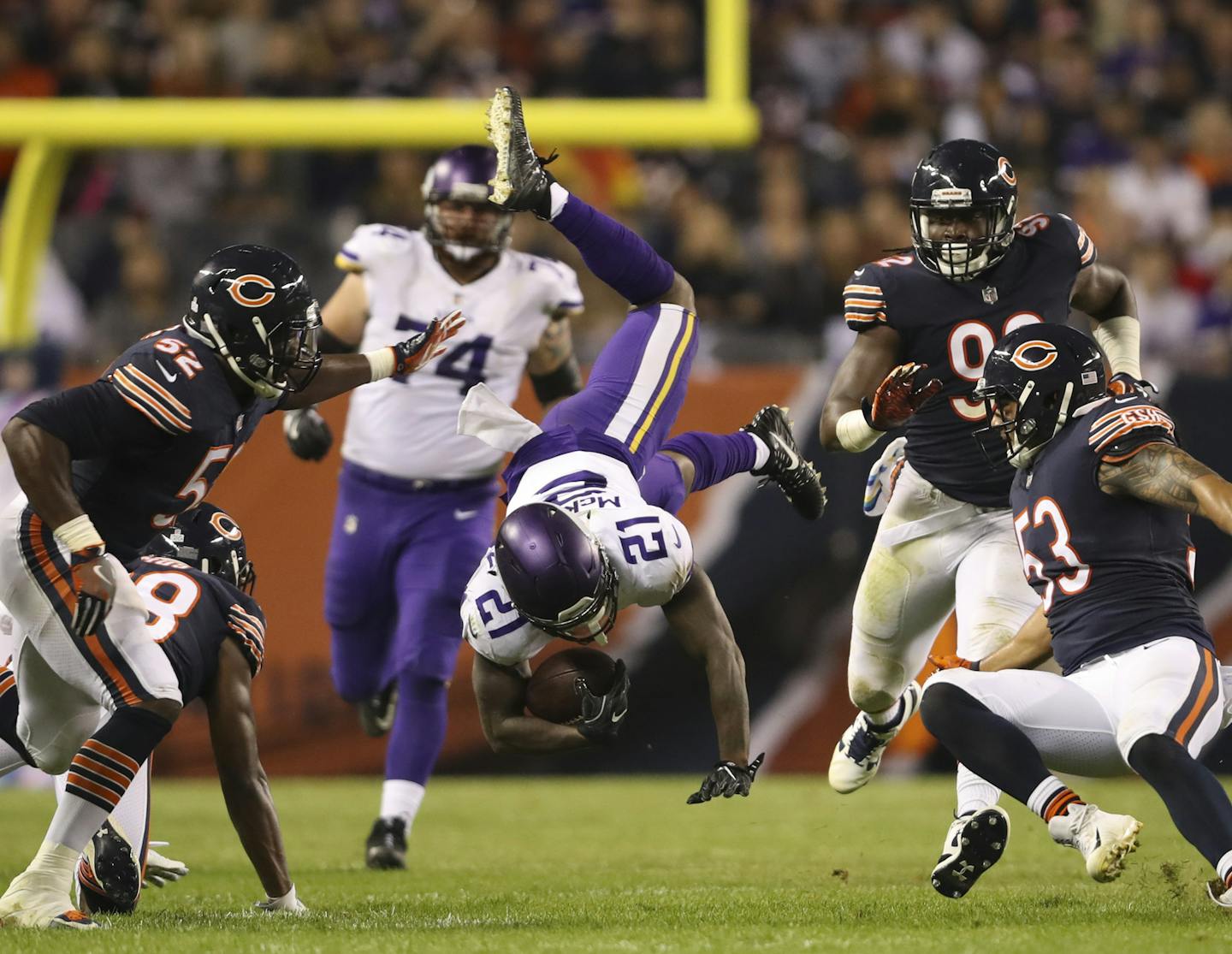 Minnesota Vikings running back Jerick McKinnon (21) was upended by Chicago Bears strong safety Adrian Amos (38) after gaining 11 yards near the end of the second quarter. ] JEFF WHEELER &#xef; jeff.wheeler@startribune.com The Minnesota Vikings faced the Chicago Bears in an NFL Monday Night Football game on October 9, 2017 at Soldier Field in Chicago.