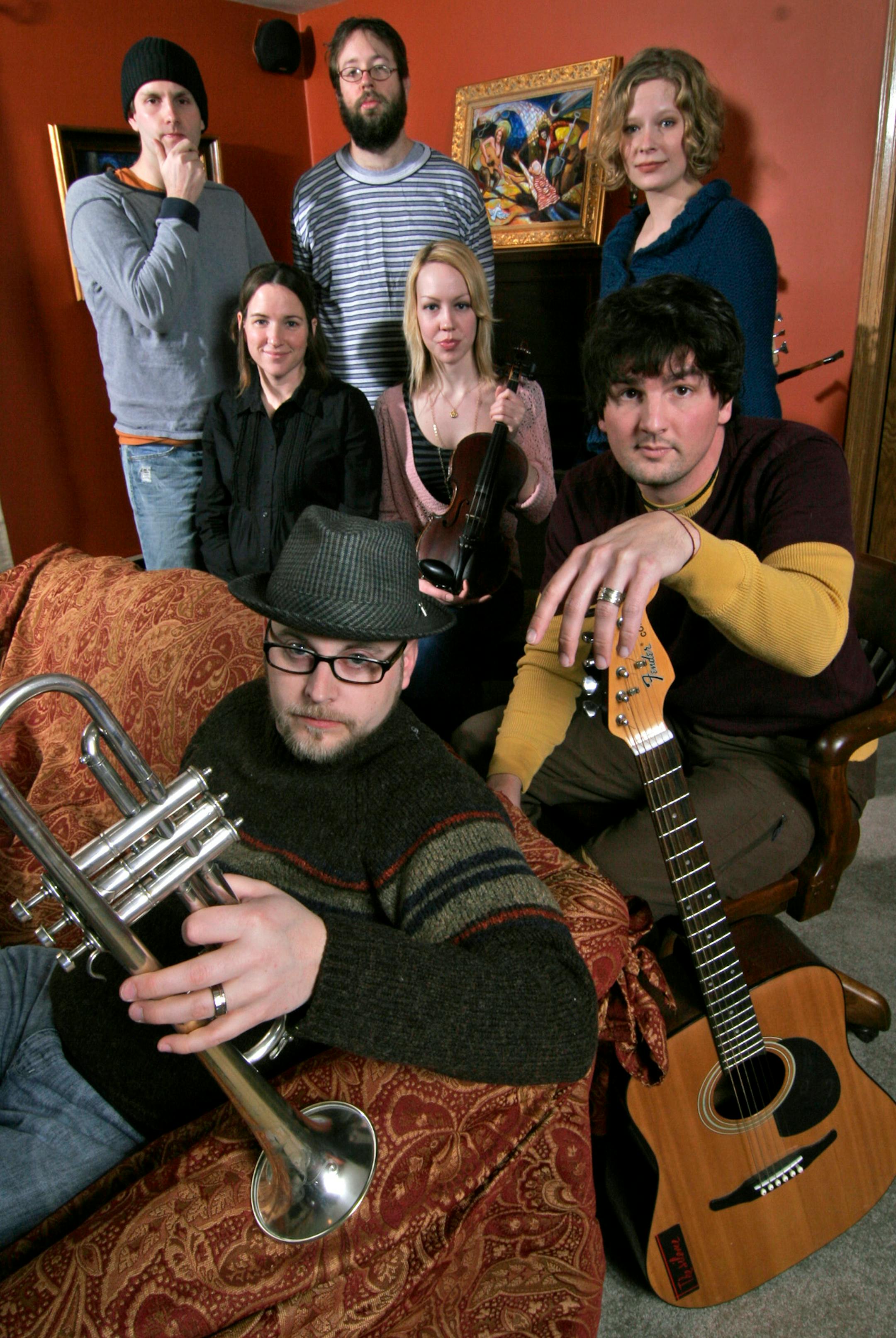 TOM SWEENEY � tsweeney@startribune.com Eagan, MN 3/08/2007 Members of the music / art band " Cloud Cult". front, l-r, Scott West (hat), Craig Minowa ( w/guitar), center, Sarah Young, Shannon Frid, Connie Minowa, back, Matthew Freed and Dan Greenwood