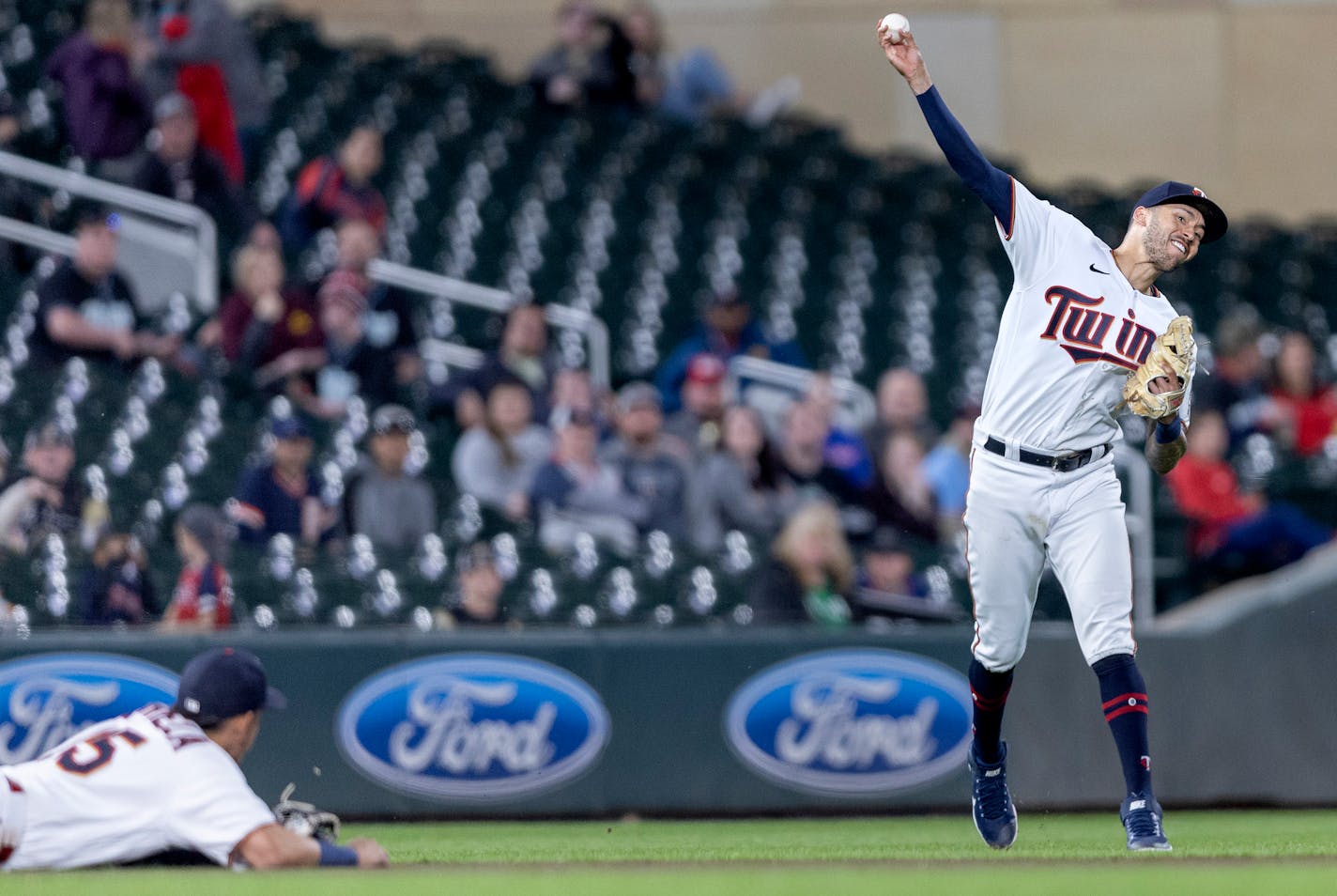 Minnesota Twins shortstop Carlos Correa throws to first base in the seventh inning Monday, May 23, at Target Field in Minneapolis, Minn. ] CARLOS GONZALEZ • carlos.gonzalez@startribune.com