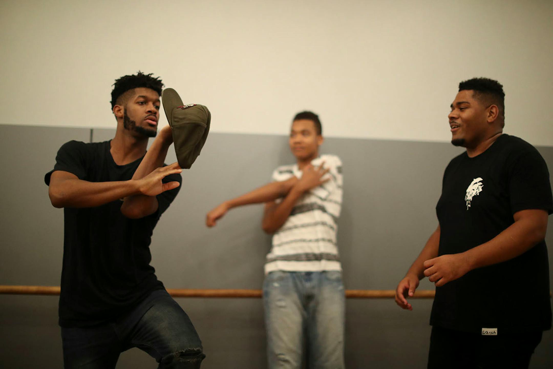 Herbert "Jus Herb" Johnson, left, showed Robert "Mosi" King some Krump moves during the jam session.