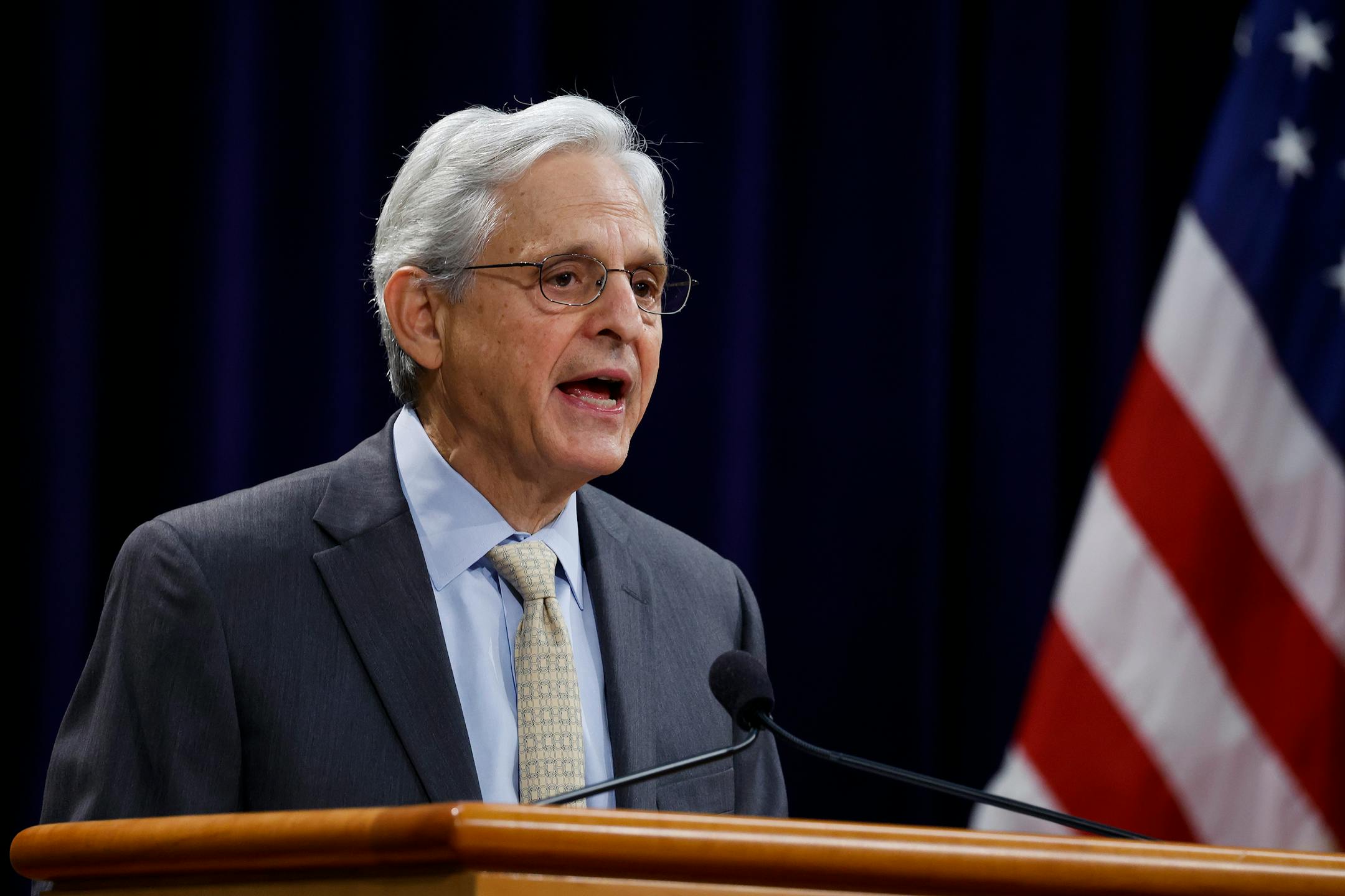 Attorney General Merrick Garland gives remarks before a formal investiture ceremony for Rosemarie Hidalgo, the director of the office on Violence Against Women, in the Great Hall of the Department of Justice on Aug. 15, 2023, in Washington, D.C. (Anna Moneymaker/Getty Images/TNS) ORG XMIT: 90466225W