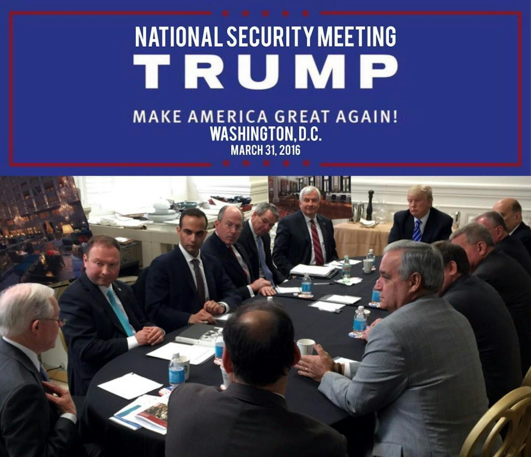 In this photo from President Donald Trump's Twitter account, George Papadopoulos, third from left, sits at a table with then-candidate Trump and others at what is labeled at a national security meeting in Washington that was posted on March 31, 2016. Papadopoulos, a former Trump campaign aide belittled by the White House as a low-level volunteer was thrust on Oct. 30, 2017, to the center of special counsel Robert Mueller�s investigation, providing evidence in the first criminal case that connect