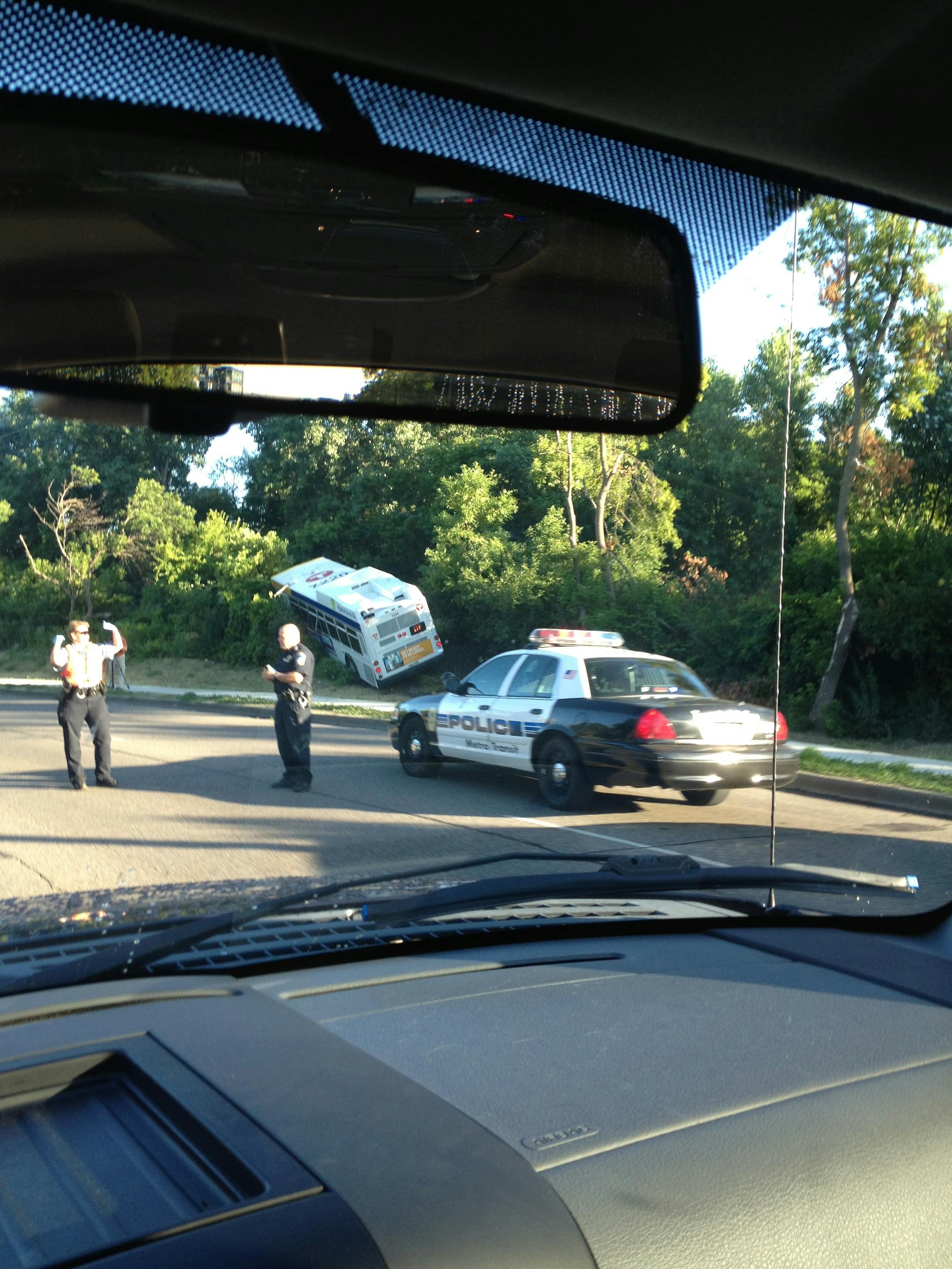 A Metro Transit bus crashed into bushes near Lake Calhoun on Friday, July 26, 2013.