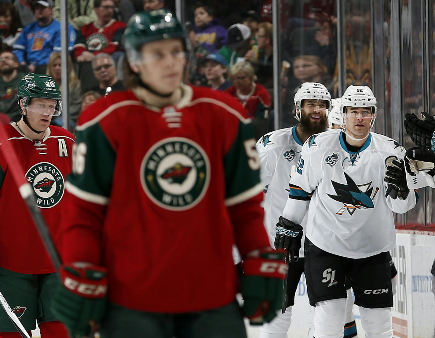 Patrick Marleau (12) celebrated with teammates after scoring a goal in the second period. ] CARLOS GONZALEZ cgonzalez@startribune.com - April 5, 2016, St. Paul, MN, Xcel Energy Center, NHL, Hockey, Minnesota Wild vs. San Jose Sharks