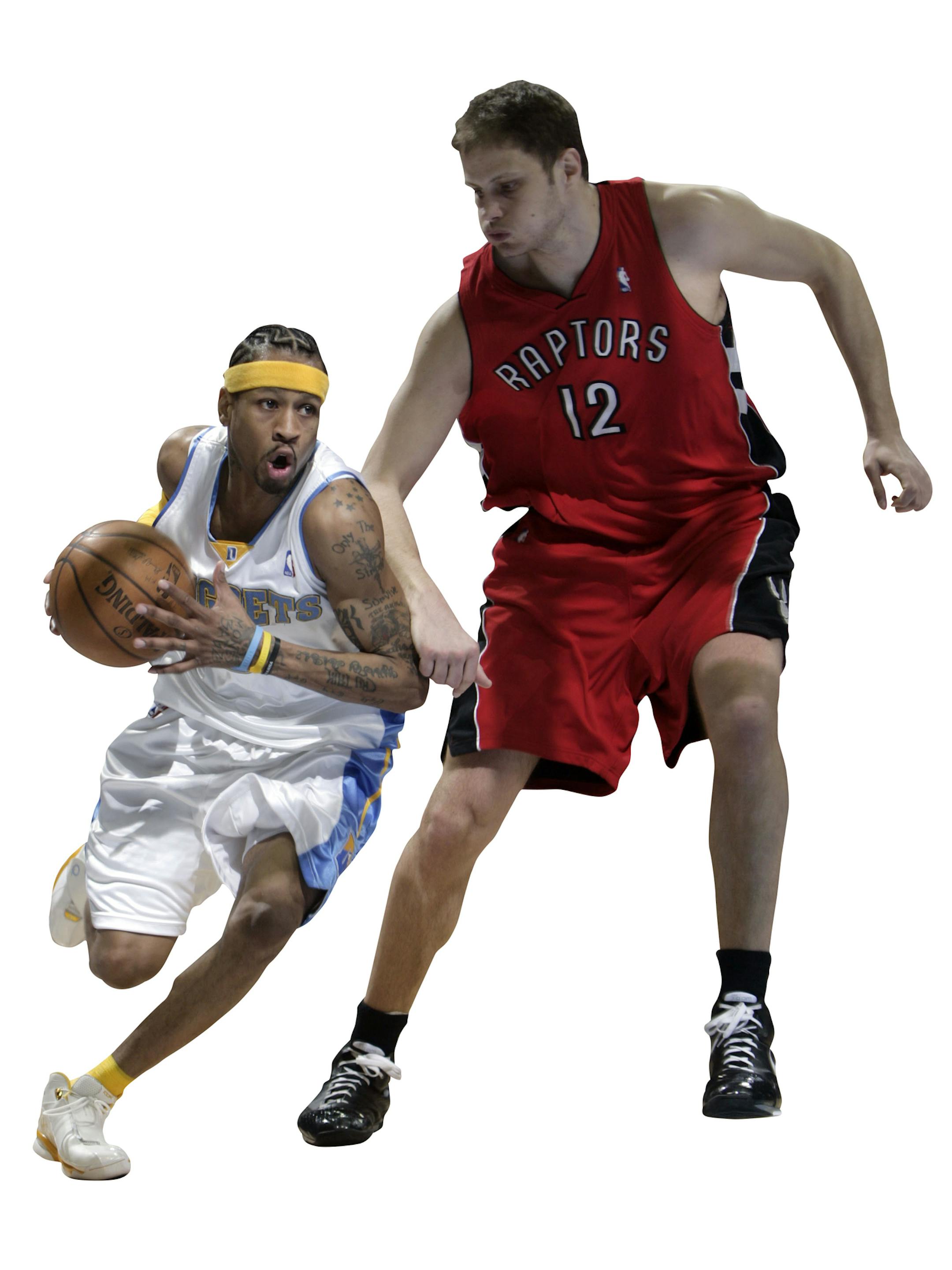 Denver Nuggets guard Allen Iverson, left, rushes past Toronto Raptors center Rasho Nesterovic, of Slovenia, in the third quarter of the Nuggets' 137-105 victory in an NBA basketball game in Denver on Friday, March 14, 2008. (AP Photo/David Zalubowski) ORG XMIT: OTKDZ135