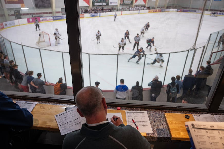 Scouts watch games and take notes during the North American Hockey League (NAHL) Showcase at the Super Rink in Blaine, Minn., on Wednesday, Sept. 13, 2023. The NAHL Showcase attracts over 9,000 people in overall attendance, including more than 330 professional, college and junior scouts.