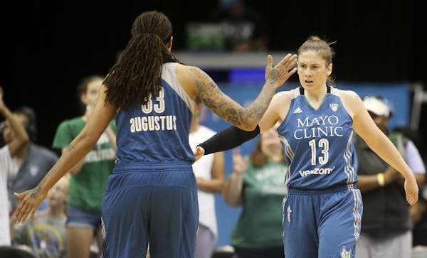 Minnesota Lynx guard Lindsay Whalen (13) is congratulated by Minnesota Lynx guard Seimone Augustus (33) after being fouled during a game in July.