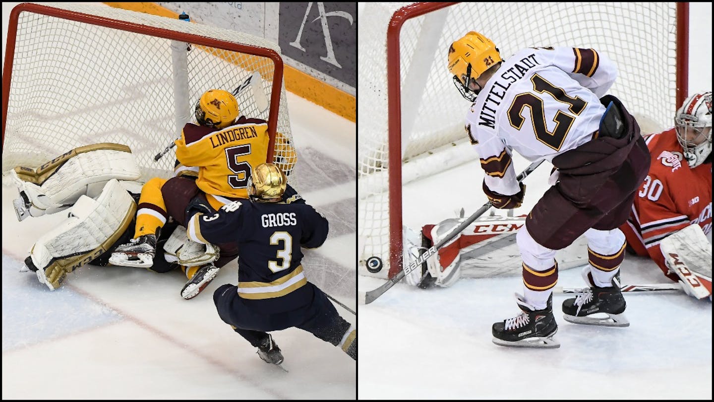 Gophers defenseman Ryan Lindgren, left, will leave the program and sign with the New York Rangers organization, forgoing his junior and senior seasons. The Gophers have another prominent player who is a risk to leave early: freshman forward Casey Mittelstadt, right.