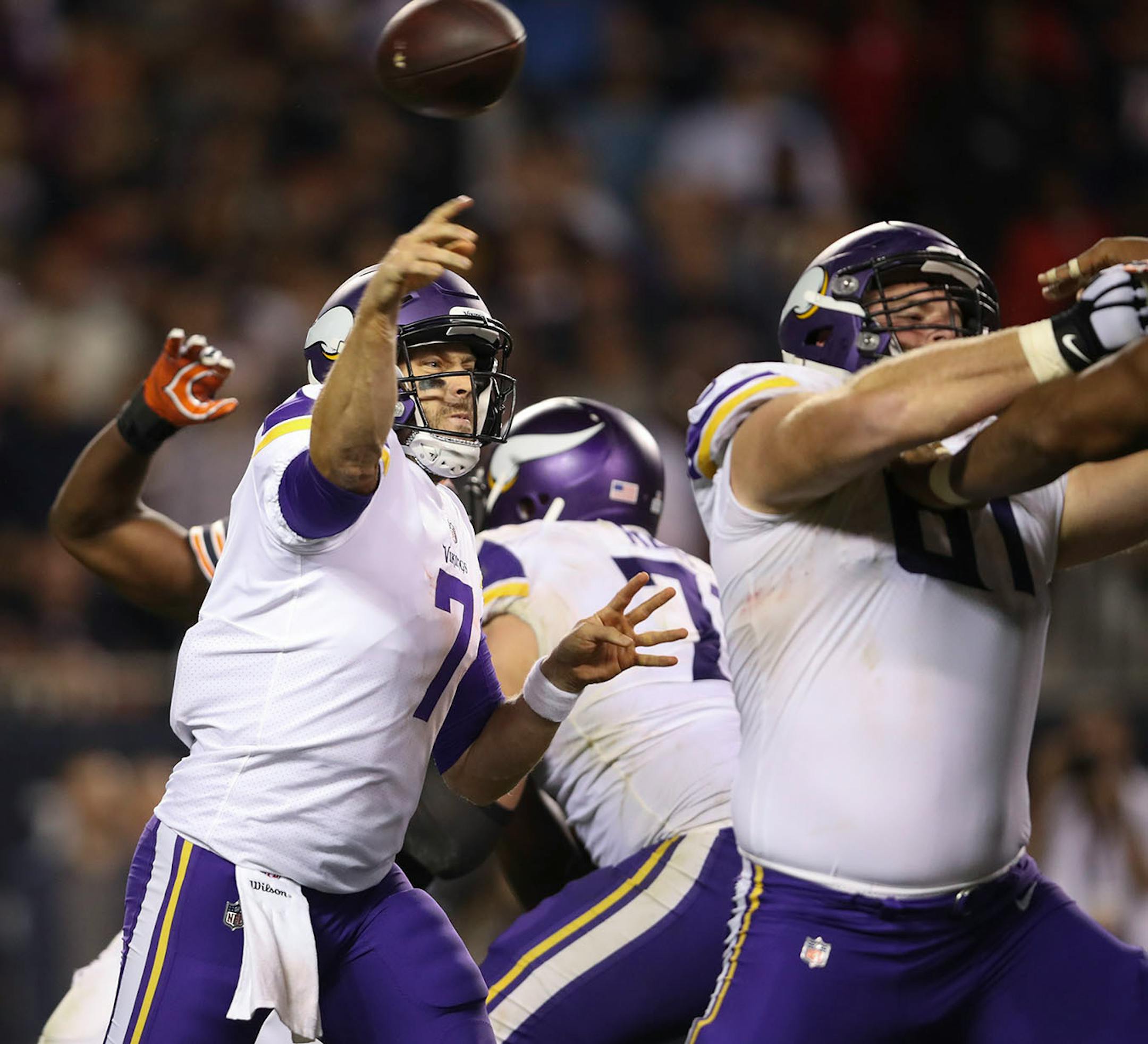 Minnesota Vikings quarterback Case Keenum throwing in the fourth quarter after stepping in for Sam Bradford in the second quarter.