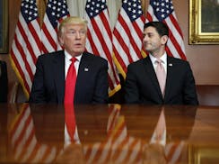 FILE - In this Nov. 10, 2016 file photo, President-elect Donald Trump and House Speaker Paul Ryan of Wis., pose for photographers after a meeting in t