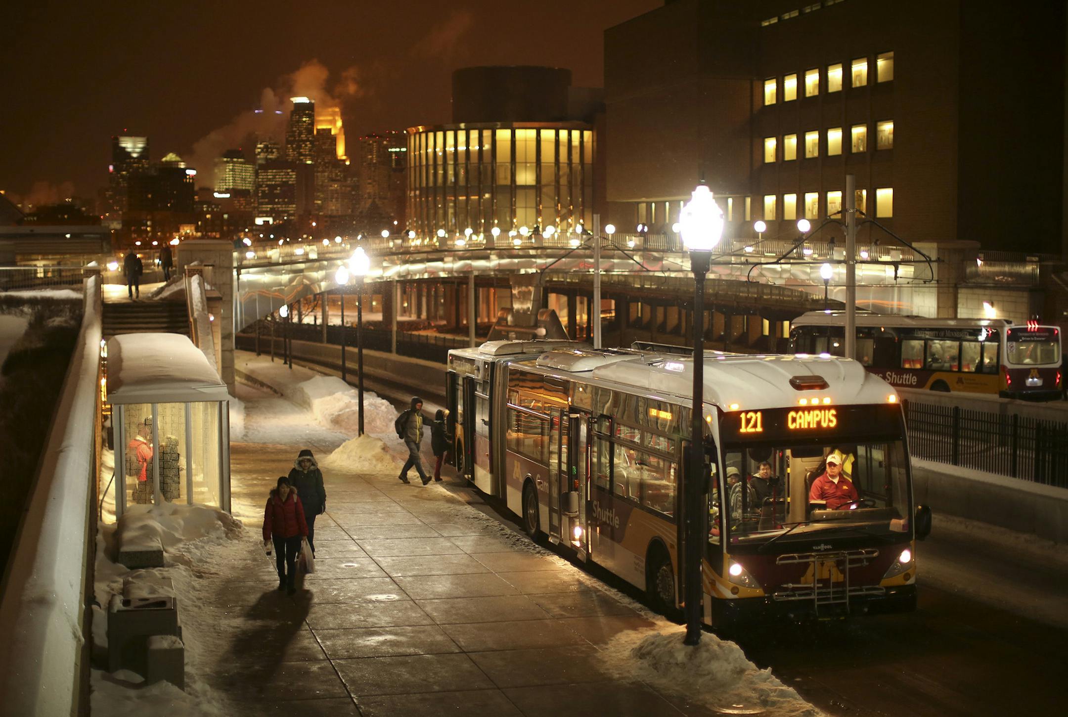 The University of Minnesota announced initiatives to promote safety on and near the Twin Cities campus Monday, January 21, 2014 in the wake of a rash of crime during the fall semester. The Campus Connector will have newly extended hours seven days a week until 2 a.m. A new Weekend Circulator will start service on Friday and serve the East and West Banks until 2 a.m., also. The Campus Circulator stopped in front of Coffman Union Tuesday evening. ] JEFF WHEELER ‚Ä¢ jeff.wheeler@st