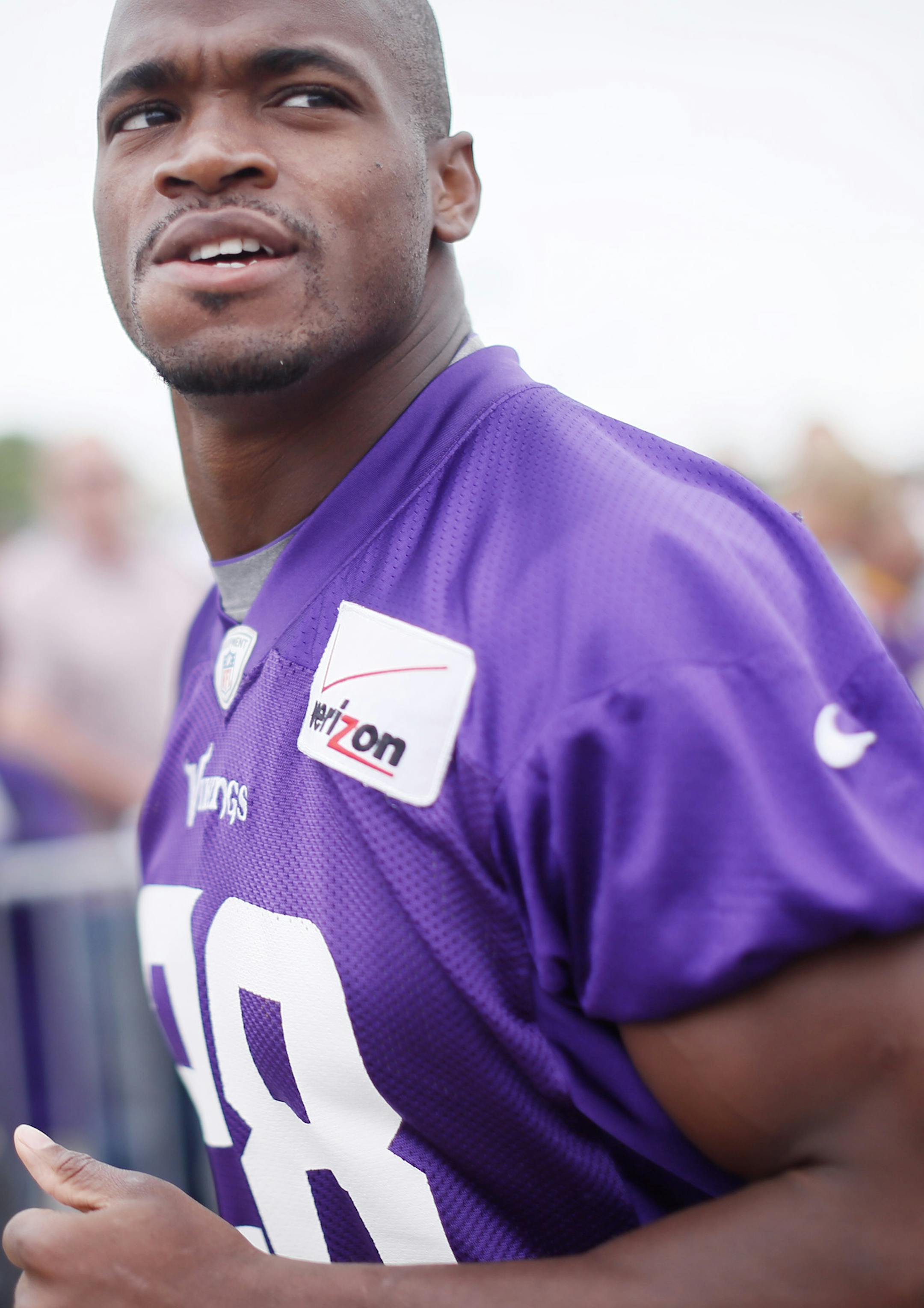 Running Adrian Peterson arrived at the practice field during NFL camp at Minnesota State University , Mankato Monday July 28, 2014 in Mankato, MN . ] Jerry Holt Jerry.holt@startribune.com