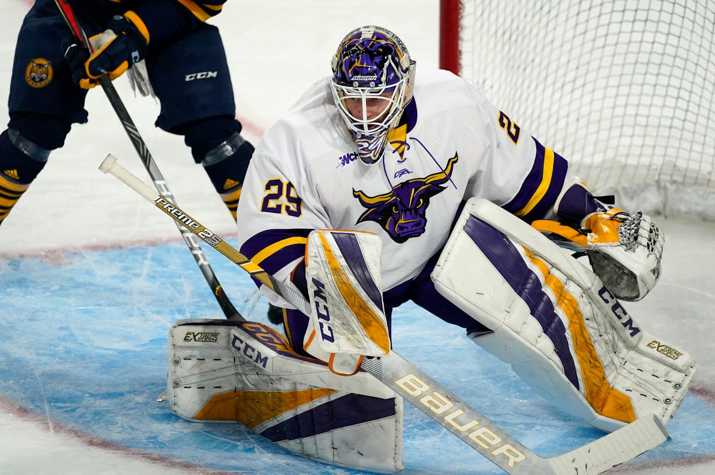 Minnesota State goaltender Dryden McKay looks to stop a Quinnipiac shot during the second period of an NCAA West Regional college hockey semifinal Saturday, March 27, 2021, in Loveland, Colo. (AP Photo/David Zalubowski)