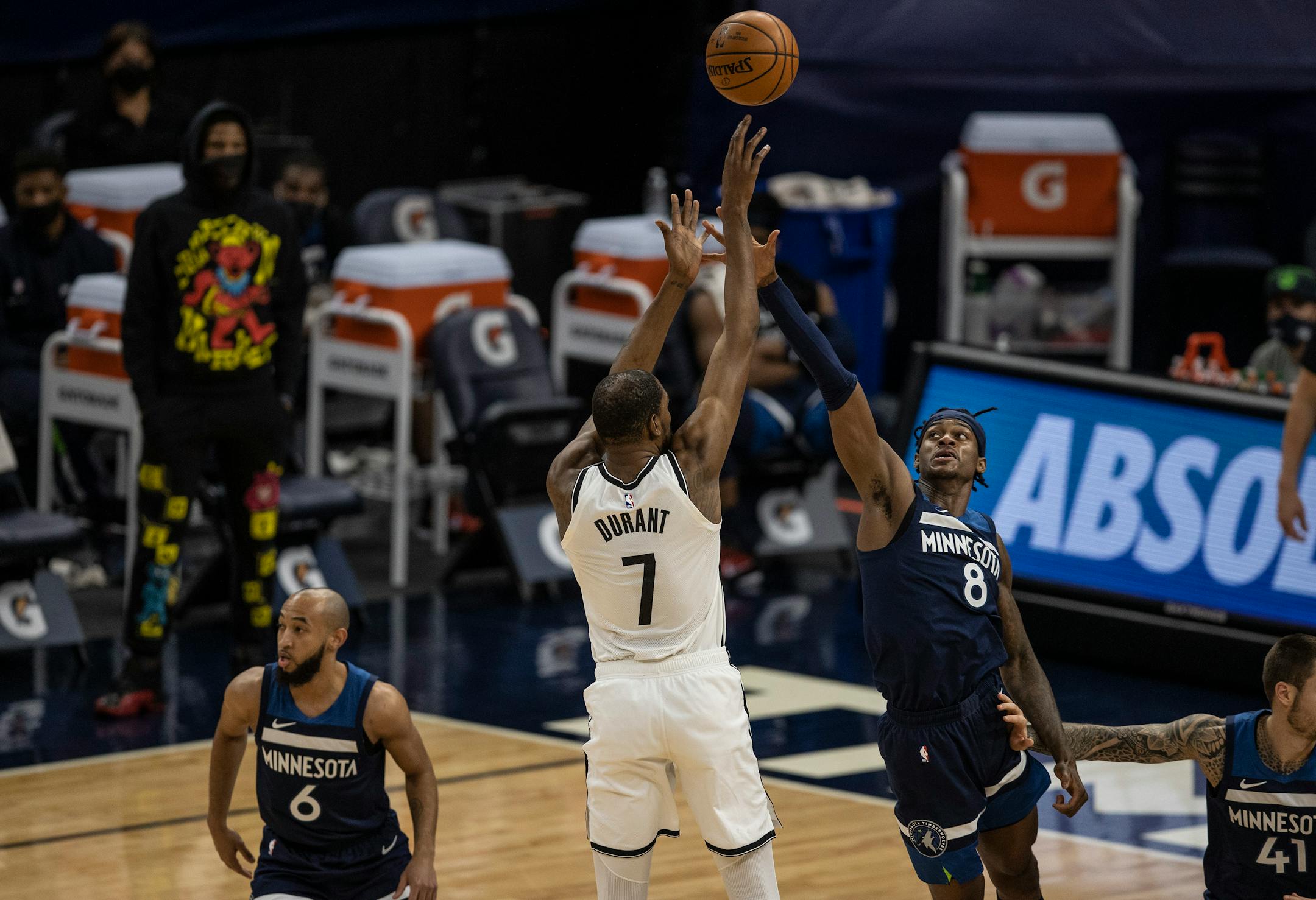 Brooklyn Nets forward Kevin Durant (7) scored over Minnesota Timberwolves forward Jarred Vanderbilt (8) at Target Center April 13, 2021 in Minneapolis.