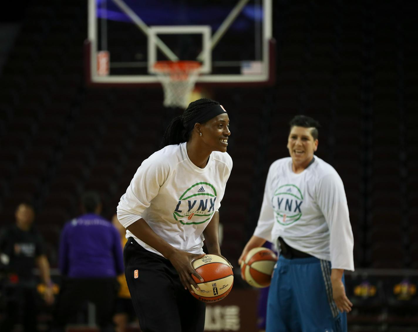 Minnesota Lynx center Sylvia Fowles (34) and Minnesota Lynx center Janel McCarville (4) warmed up before Friday night's game at the Galen Center in Los Angeles. ] JEFF WHEELER � jeff.wheeler@startribune.com The Minnesota Lynx faced the Los Angeles Sparks in Game 3 of their WNBA Finals series Friday night, October 14, 2016 at the Galen Center in Los Angeles.