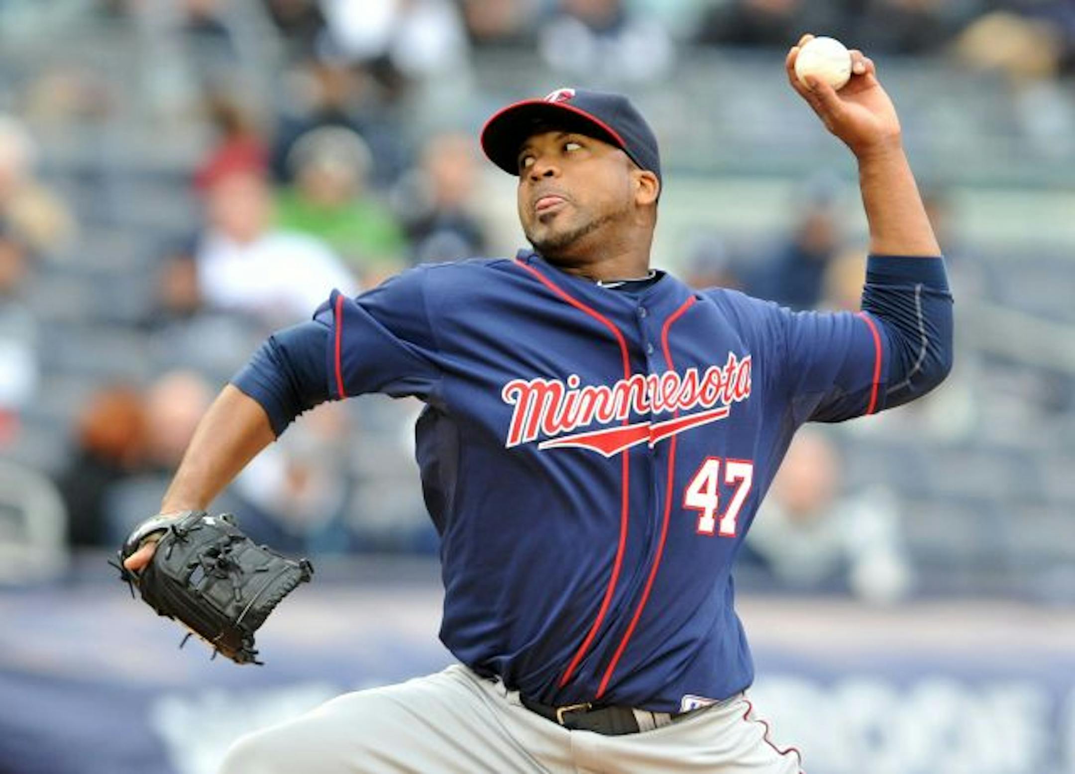 Minnesota Twins starter Francisco Liriano (47) throws a pitch in the bottom of the fourth inning against the New York Yankees at Yankee Stadium in New York, Thursday, April 7, 2011. The Yankees defeated the Twins, 4-3.