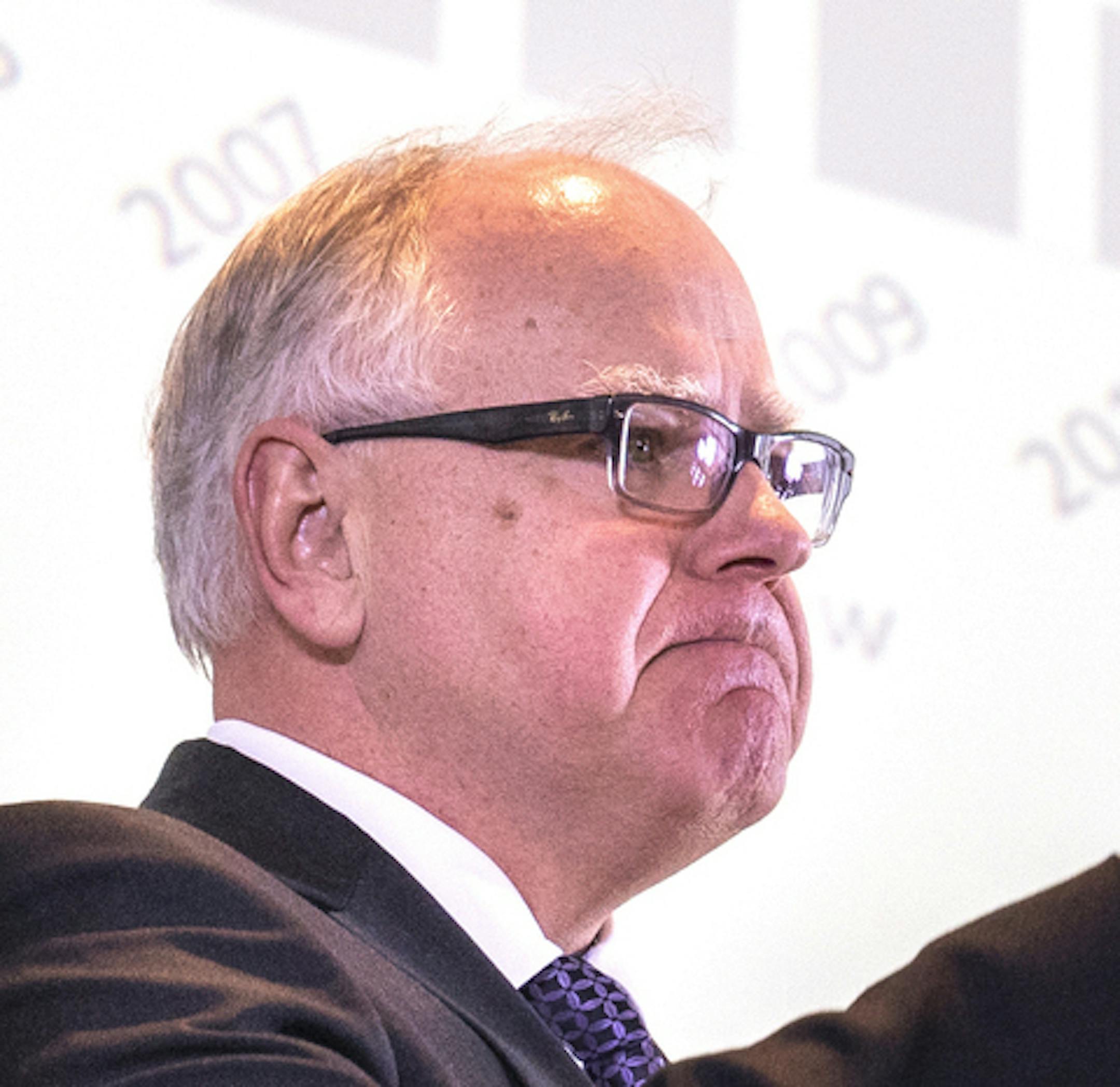 Governor Tim Walz speaks during the Budget and Economic Forecast in the Department of Revenue building in St. Paul, Minn., on Thursday, Feb. 28, 2019. (Leila Navidi/Star Tribune via AP)