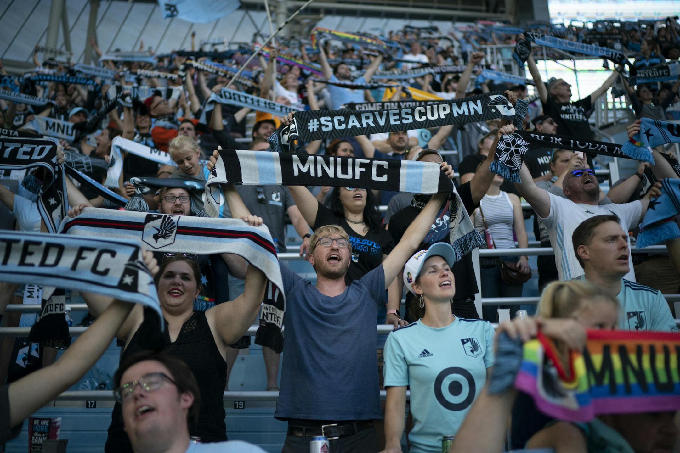 Loons fans sang "Wonderwall" after their team's win Sunday afternoon. ] JEFF WHEELER • jeff.wheeler@startribune.com Minnesota United defeated Real Salt Lake 3-1 in an MLS soccer game Sunday afternoon, September 15, 2019 at Allianz Field in St. Paul.