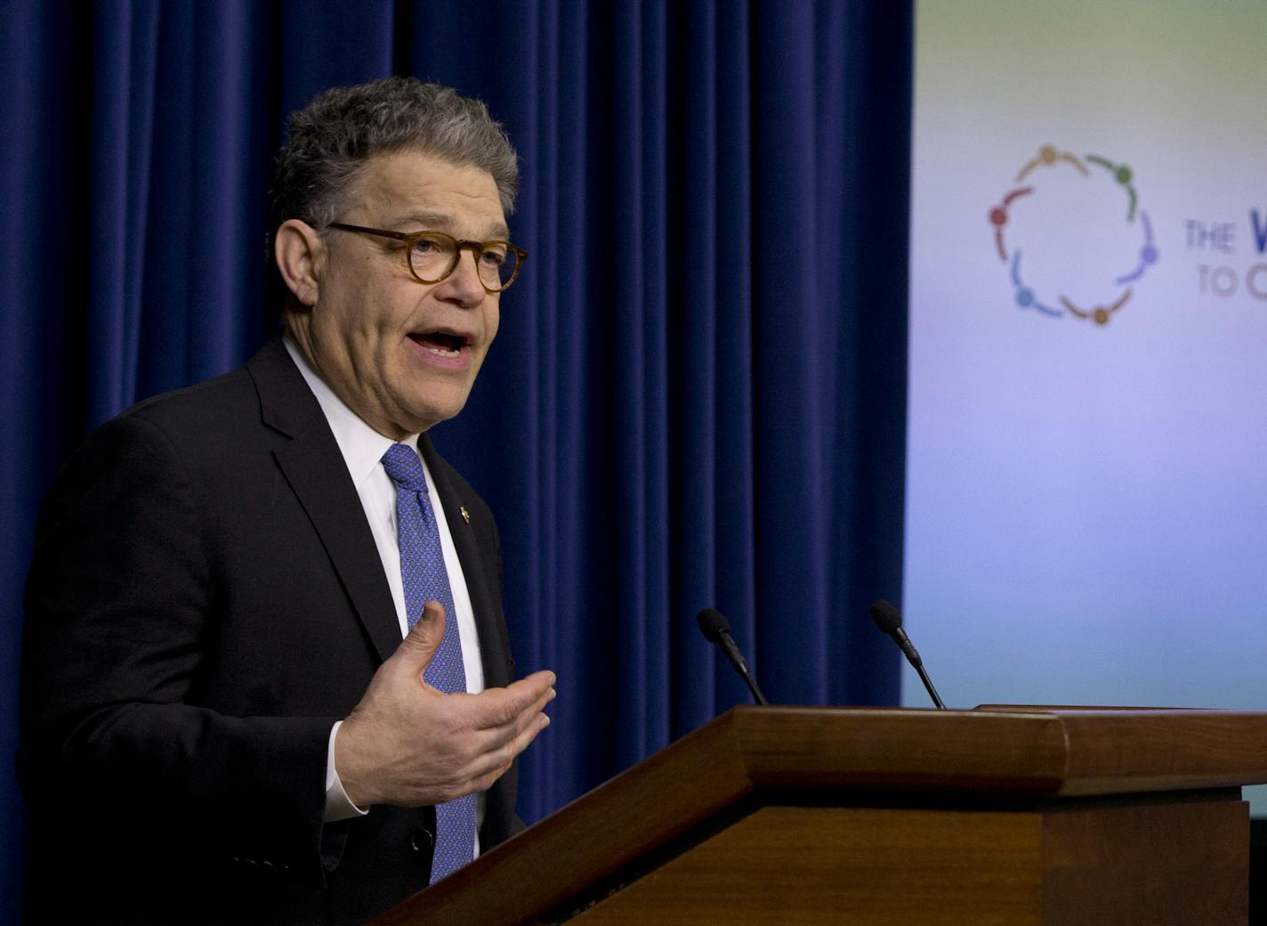 Sen. Al Franken, D-Minn. speaks during the White House Summit on Countering Violent Extremism, Wednesday, Feb. 18, 2015, in the South Court Auditorium of the Eisenhower Executive Office Building on the White House Complex in Washington. (AP Photo/Carolyn Kaster)