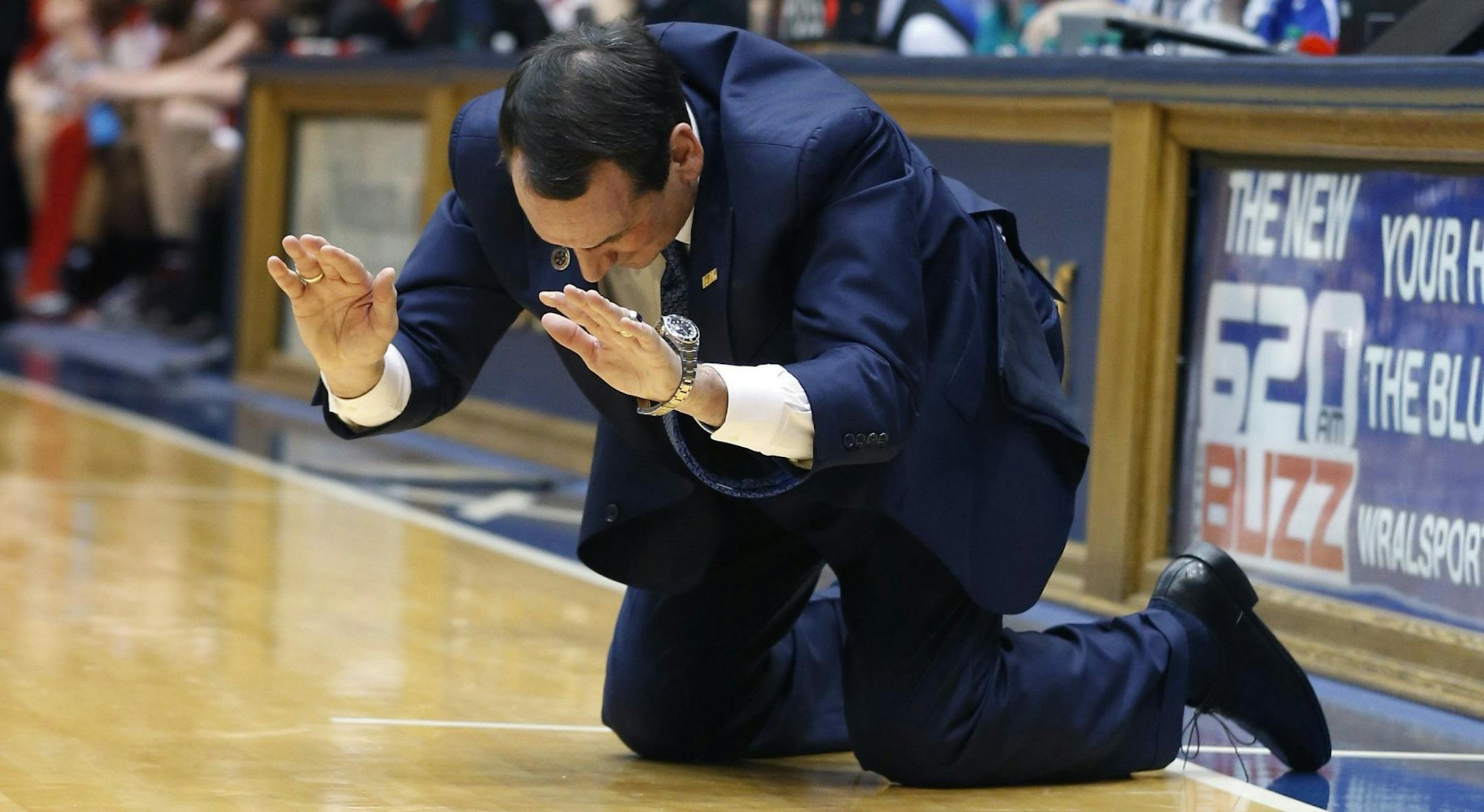 Duke head coach Mike Krzyzewski expresses his displeasure with the play of his team during the first half against North Carolina State at Cameron Indoor Stadium in Durham, N.C., Saturday, Jan. 18, 2014. Duke defeated N.C. State, 95-60. (Ethan Hyman/Raleigh News & Observer/MCT)