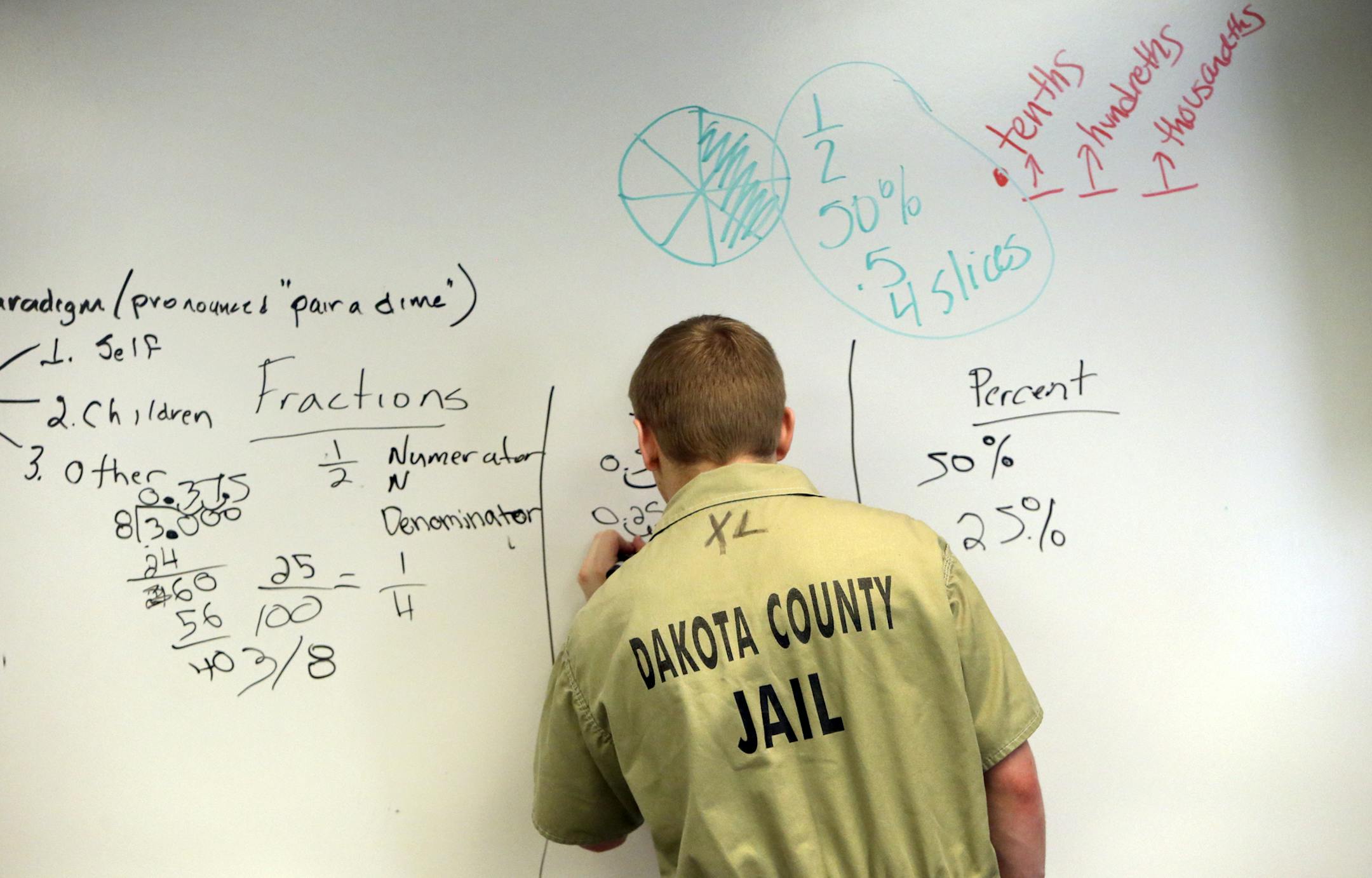 Bill Postiglione, 76, and Gaby Postiglione, 53, taught fractions and decimals to inmates, including Michael Stucky Thursday, April 10, 2014, at the Dakota County Jail in Hastings, MN.The father-daughter team come to the Dakota County jail three times a week (Bill comes in a fourth day, too) to teach GED and college prep classes to inmates. The hardest part, Bill said, is the constant turnover in the jail population. But he loves the work and says he‚Äôll do it until he dies.](DA