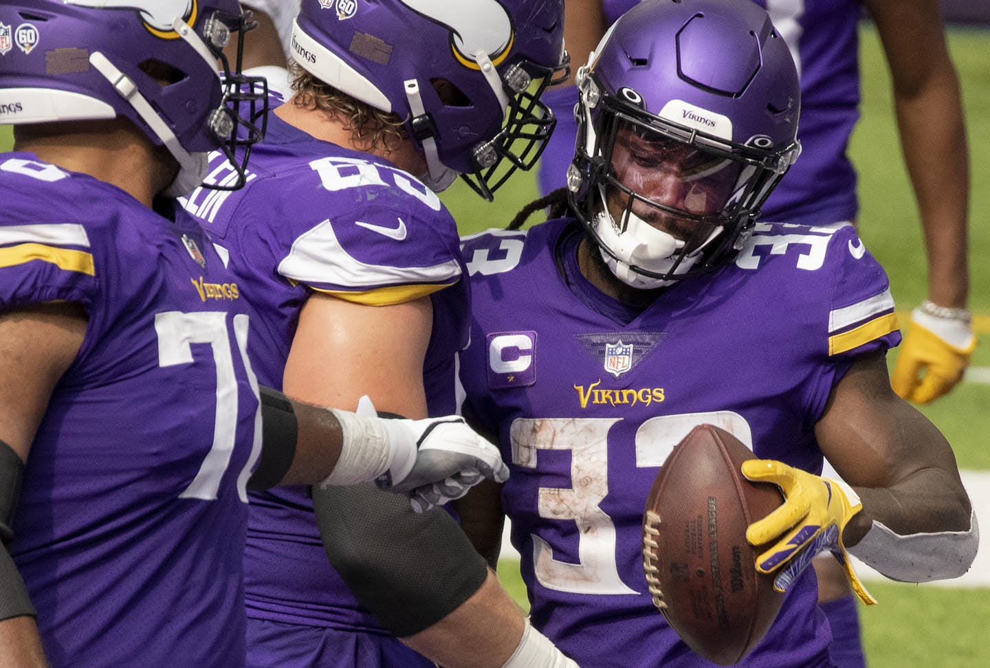 Minnesota Vikings running back Dalvin Cook (33) celebrates with teammates after scoring a touchdown in the fourth quarter against the Green Bay Packers on Sunday, September 13, 2020 at U.S. Bank Stadium in Minneapolis, Minnesota. (Carlos Gonzalez/Minneapolis Star Tribune/TNS) ORG XMIT: 1768504