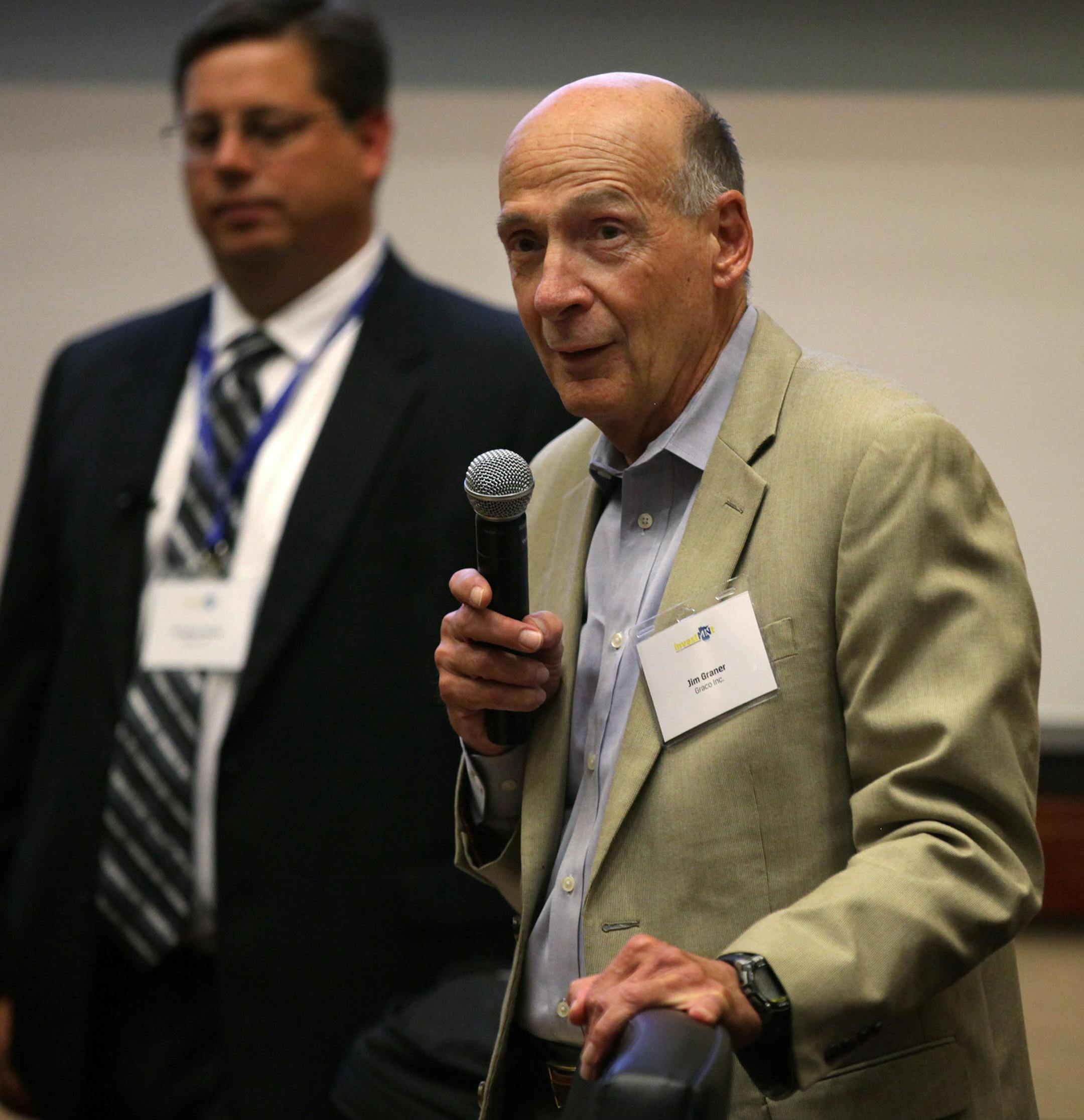 Jim Graner, Chief Financial Officer for Graco, answers audience questions after the Graco presentation on Wednesday at the InvestMNt conference. ] The InvestMNt conference was held Wednesday at the University of St. Thomas Minneapolis Campus, in the Opus College of Business. Investors gathered at the conference to hear Chief Financial Officers and other executives of Minnesota companies discuss their businesses. MONICA HERNDON monica.herndon@startribune.com Minneapolis, MN 08/06/14
