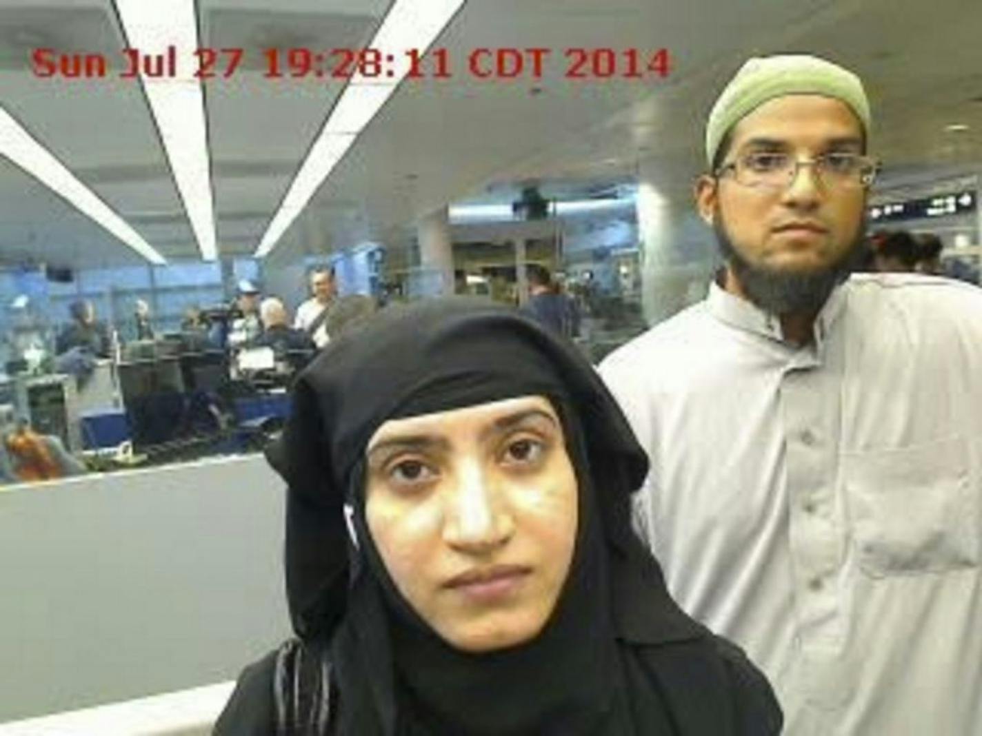 FILE -- In a handout photo provided by U.S. Customs and Border Protection, Tashfeen Malik and Syed Rizwan Farook, the couple who massacred 14 people in San Bernardino on Dec. 2, 2015, at O�Hare International Airport in Chicago, July 27, 2014.