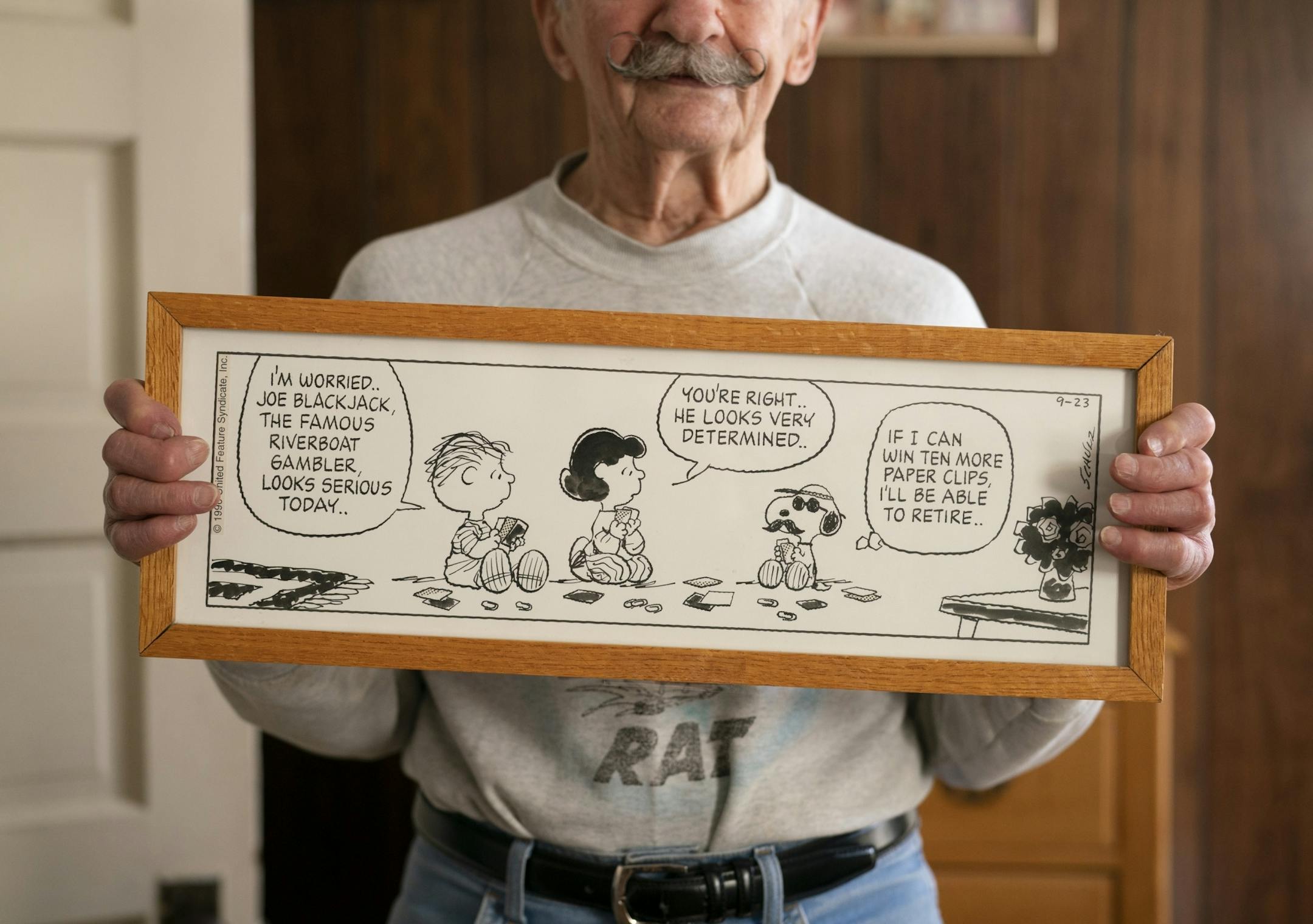 Mark Sertich held an original Peanuts panel drawn by Charles Schulz in 1996 in which Snoopy's brother, Spike appears wearing a moustache inspired by Sertich's. Schulz gave Sertich the panel the next year. The two got to know each other well playing hockey together in Snoopy's Senior World Hockey Tournament.