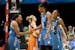 Minnesota Lynx guard Jia Perkins (7) and forward Rebekkah Brunson (32) celebrated with center Sylvia Fowles (34) in a game earlier this season.