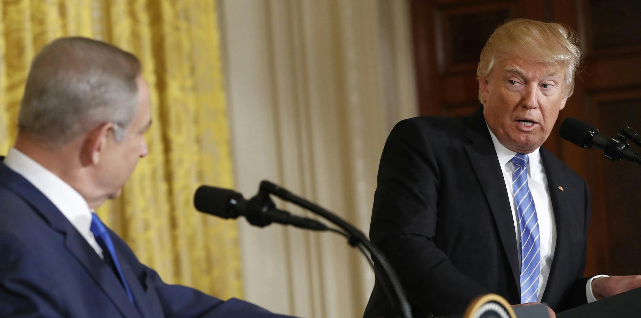 President Donald Trump and Israeli Prime Minister Benjamin Netanyahu participate in a joint news conference in the East Room of the White House in Washington, Wednesday, Feb. 15, 2017. (AP Photo/Pablo Martinez Monsivais) ORG XMIT: MIN2017021511311207